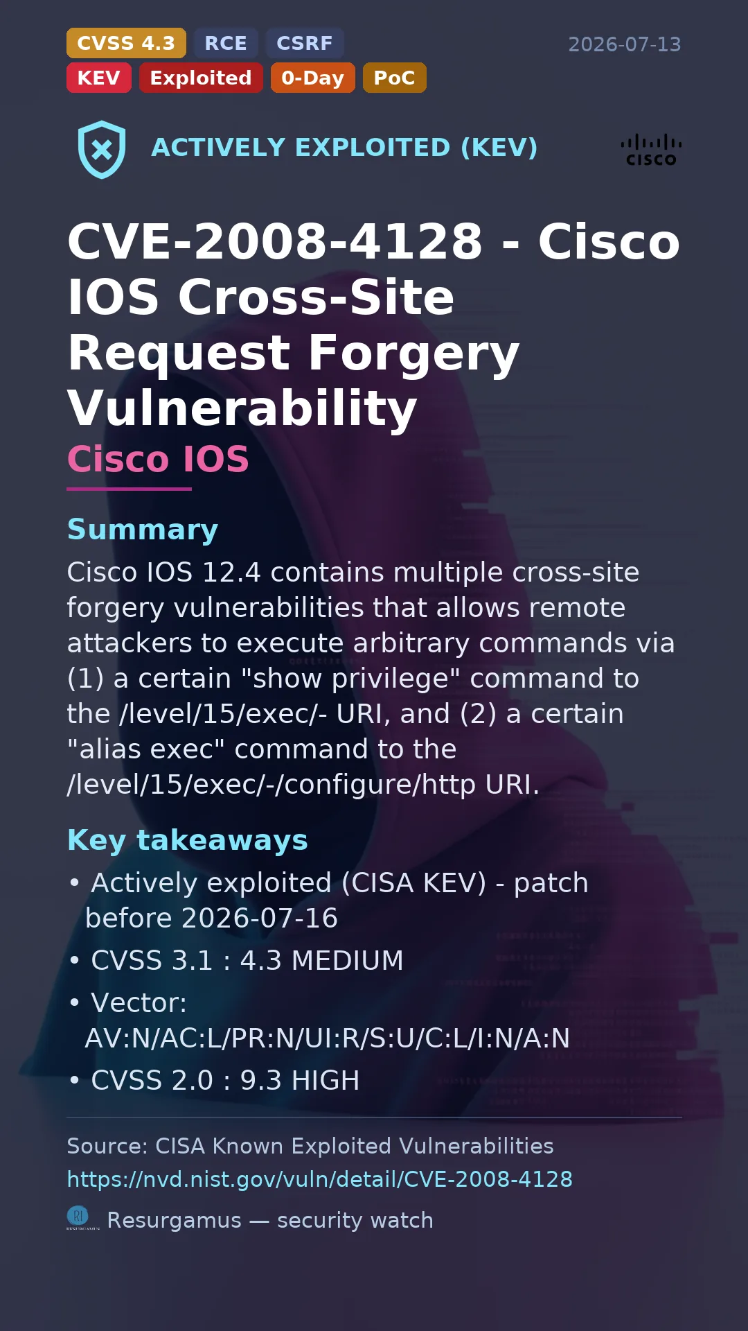 CVE-2008-4128 - Cisco IOS - actively exploited (KEV) vulnerability