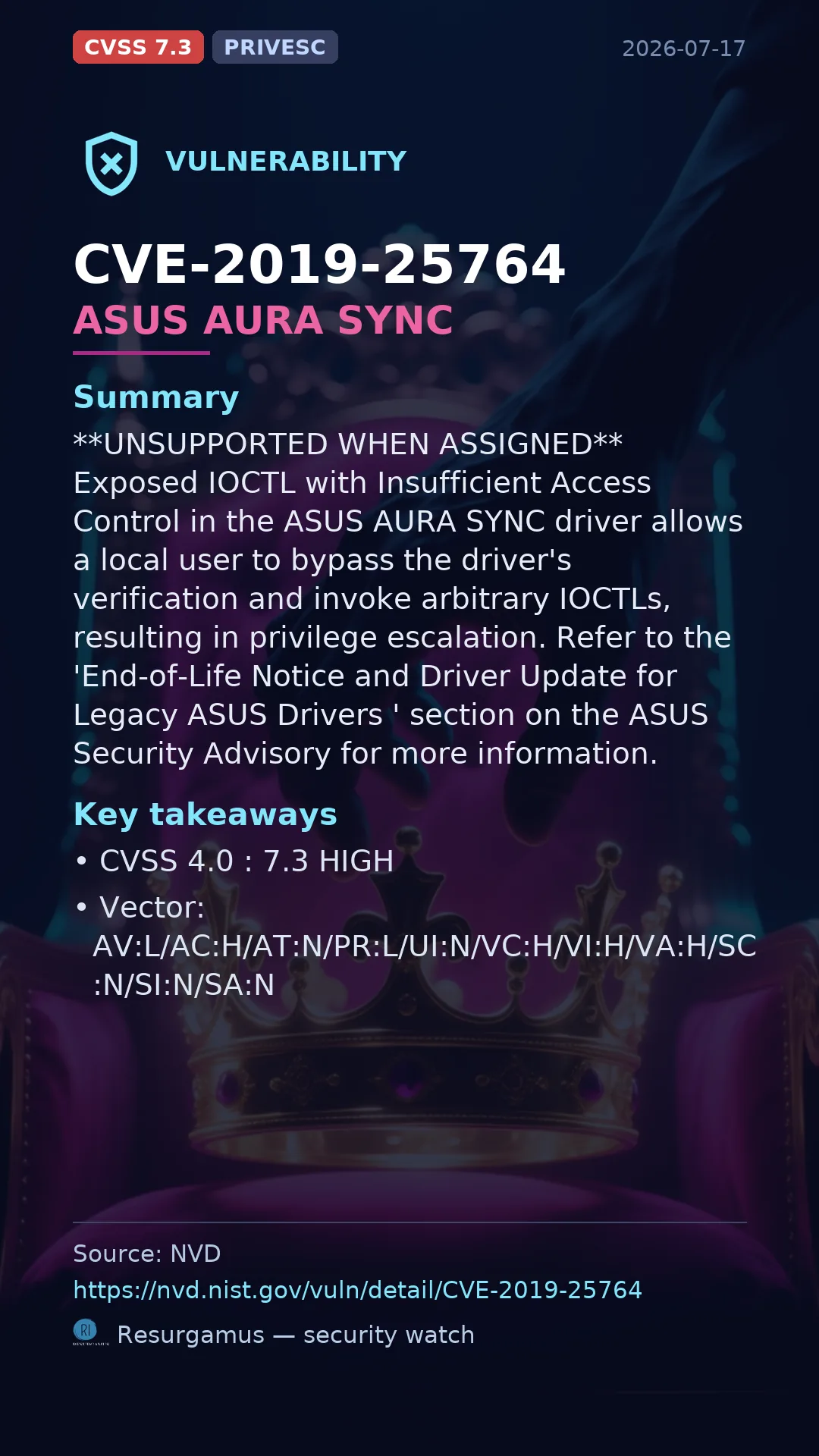 CVE-2019-25764 ASUS AURA SYNC Vulnerability