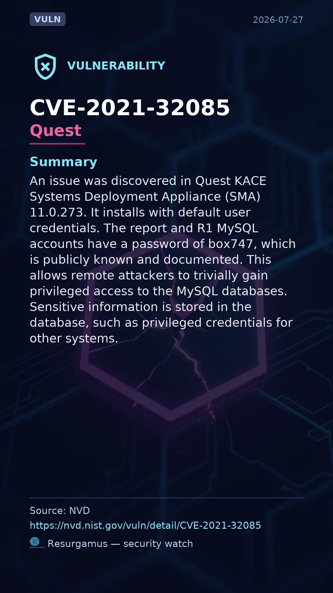 CVE-2021-32085 Quest Vulnerability