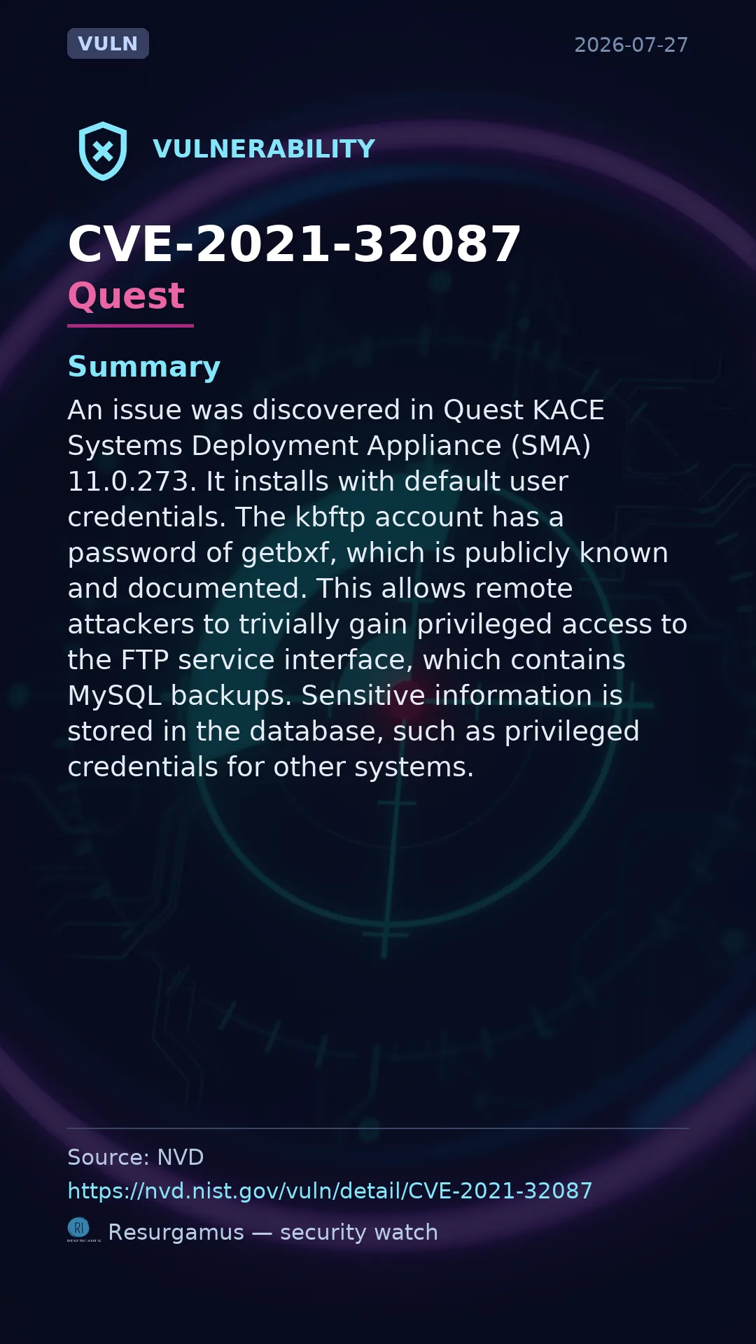 CVE-2021-32087 Quest Vulnerability