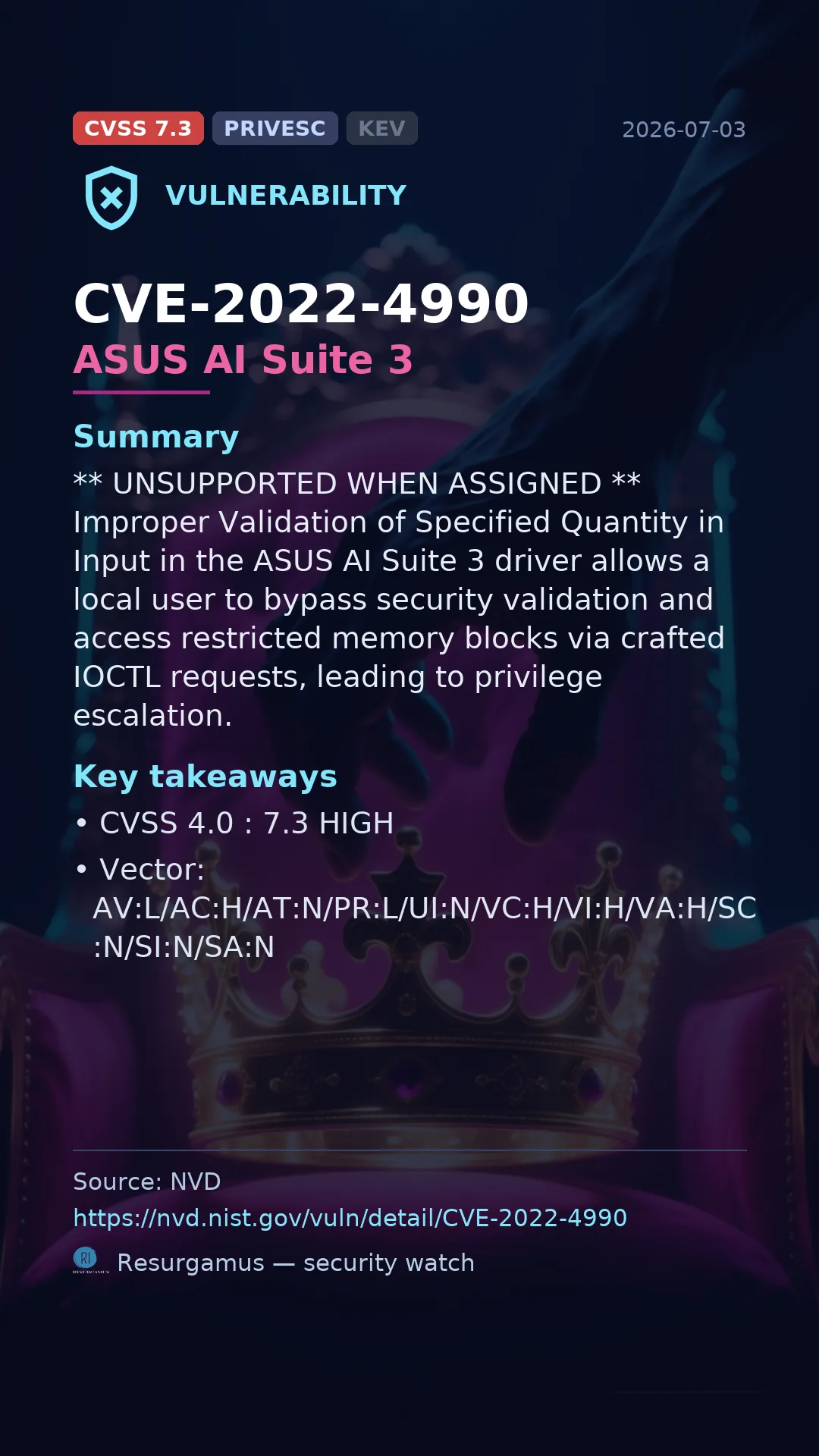 CVE-2022-4990 ASUS AI Suite 3 Vulnerability