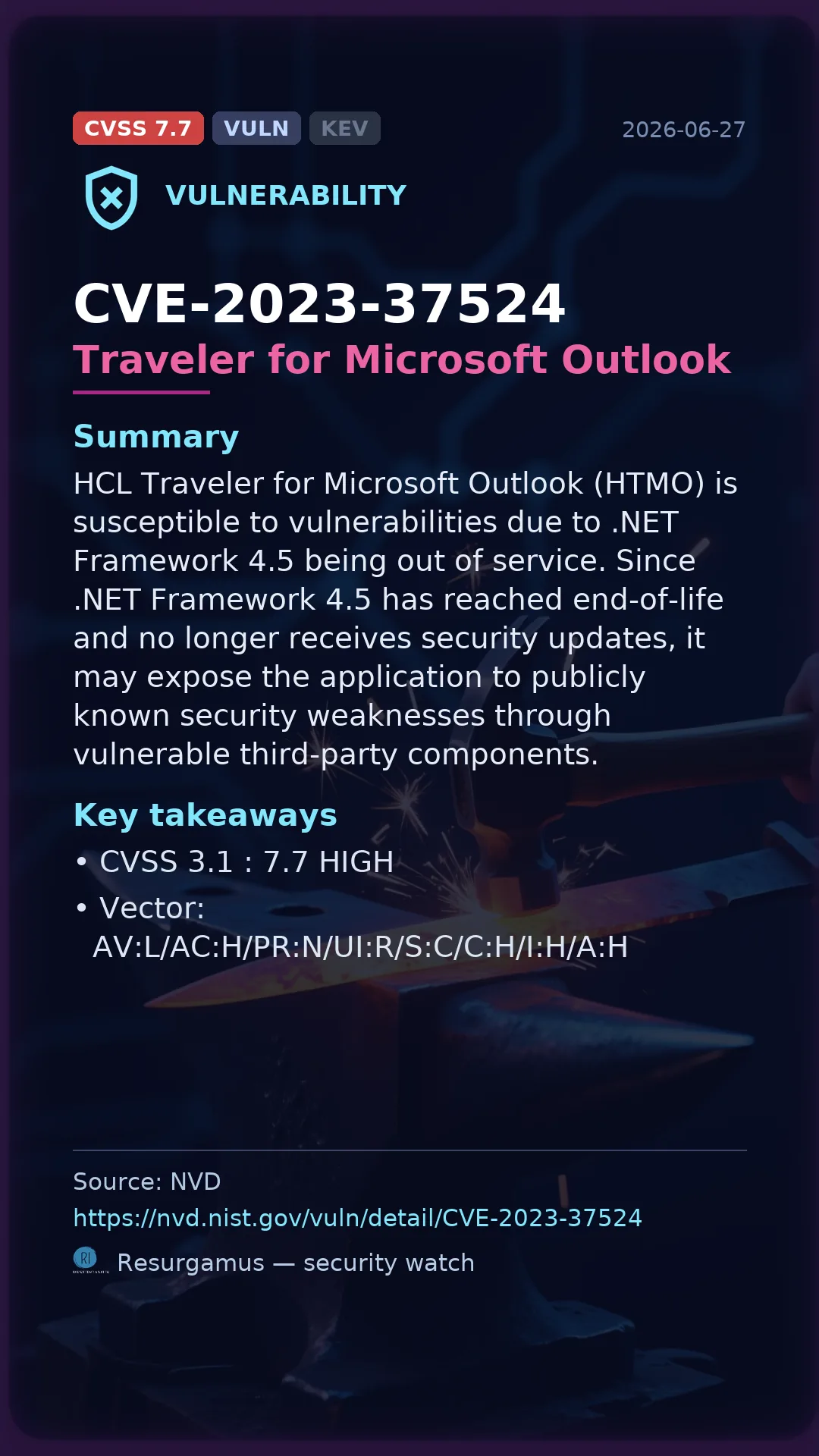 CVE-2023-37524 Traveler for Microsoft Outlook Vulnerability