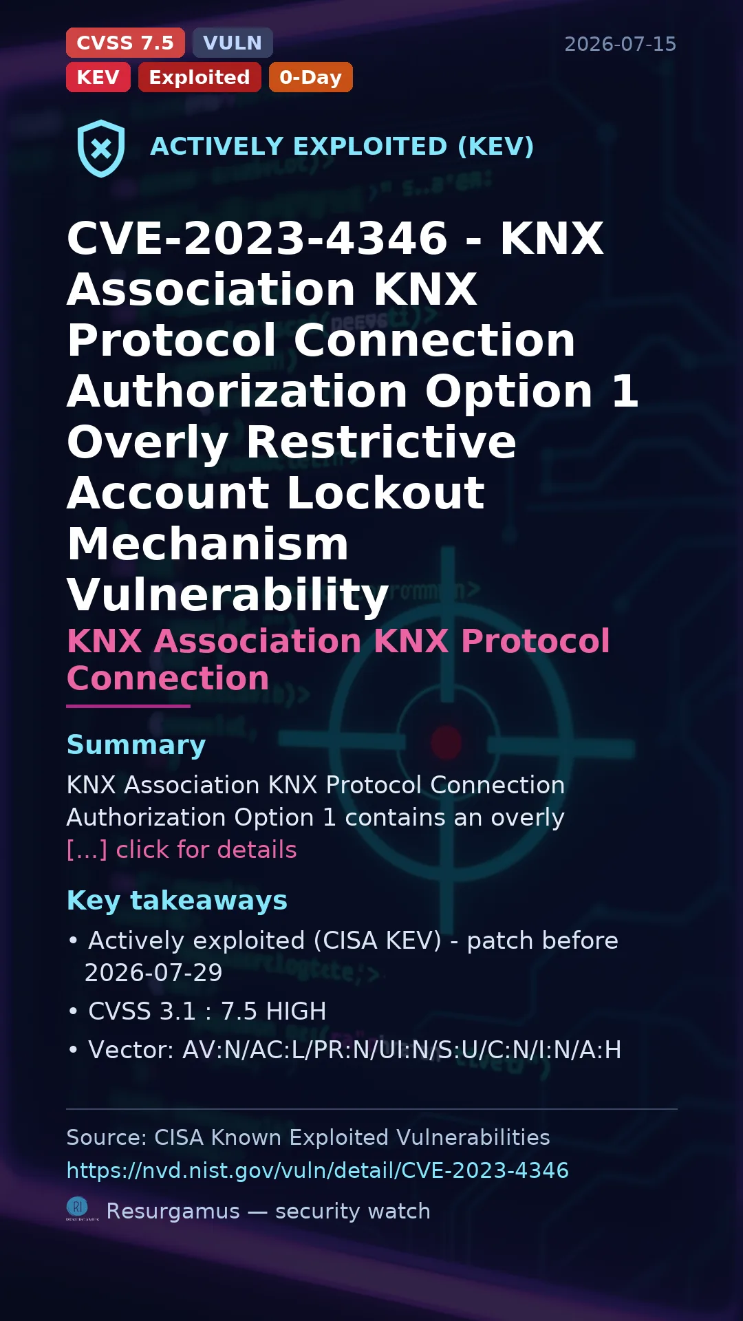 CVE-2023-4346 - KNX Association KNX Protocol Connection  - actively exploited (KEV) vulnerability