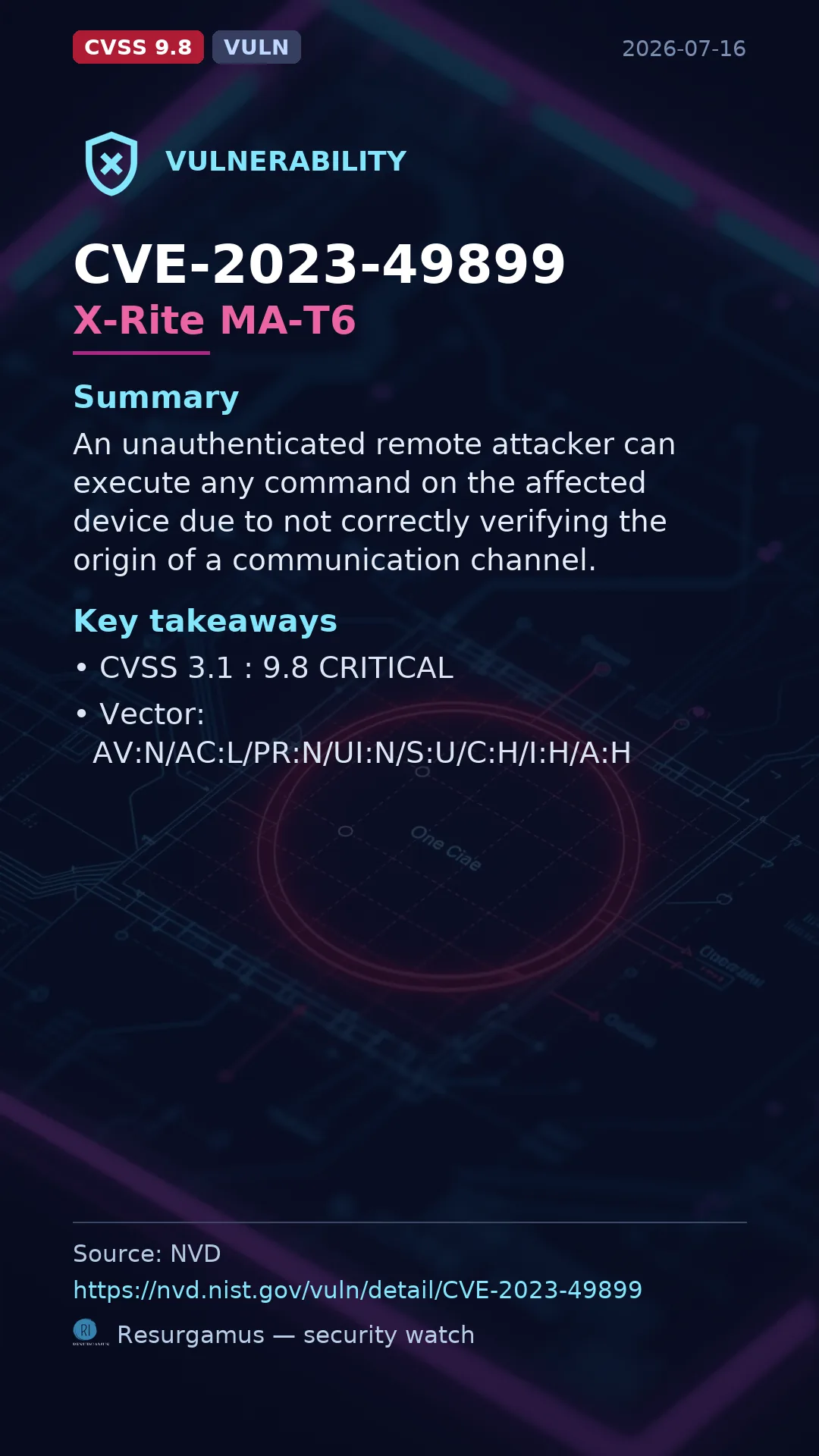 CVE-2023-49899 X-Rite MA-T6 Vulnerability