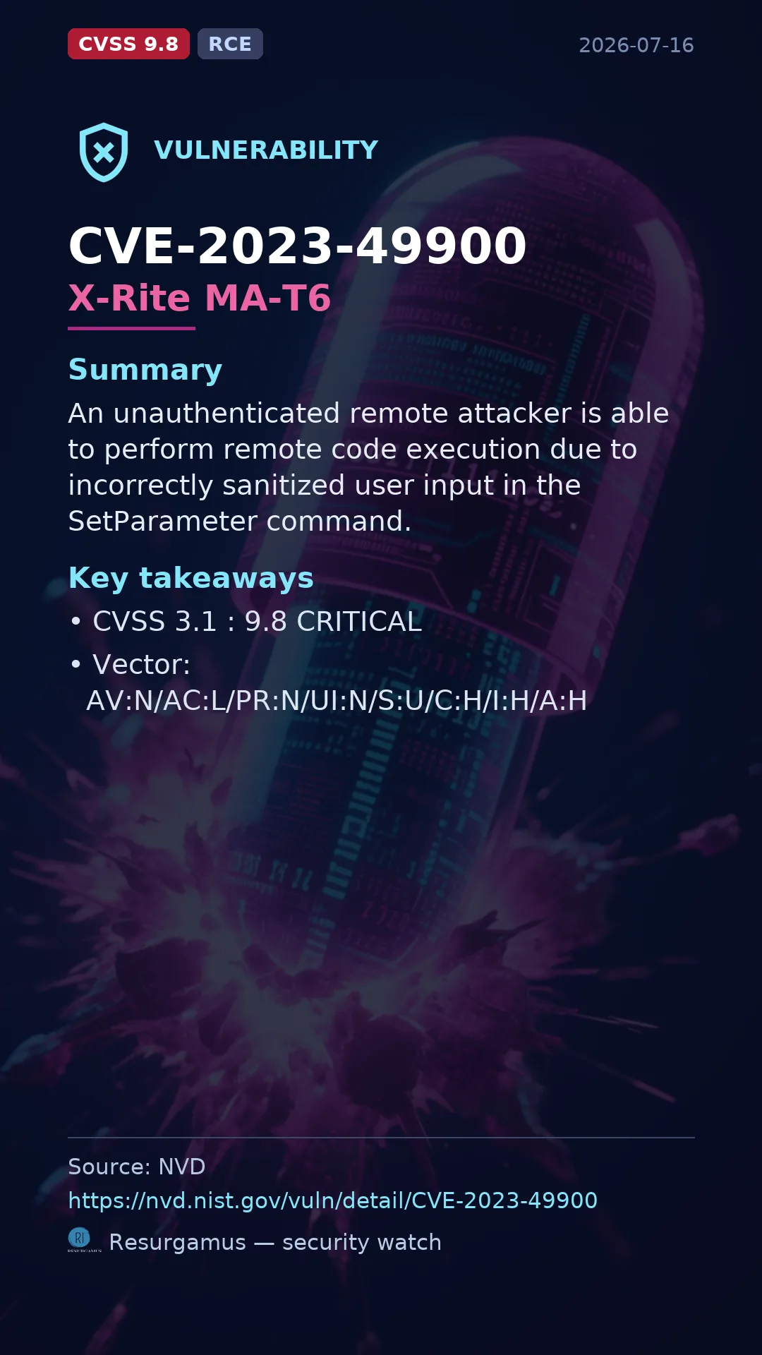 CVE-2023-49900 X-Rite MA-T6 Vulnerability