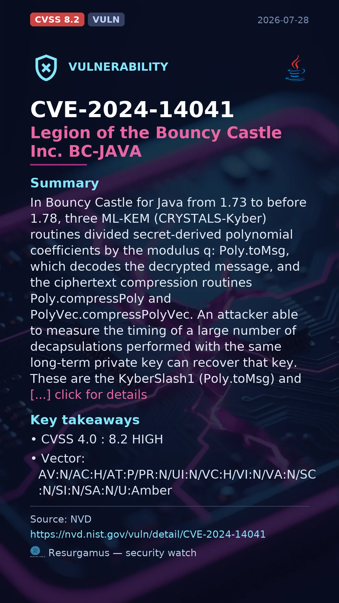 CVE-2024-14041 Legion of the Bouncy Castle Inc. BC-JAVA Vulnerability