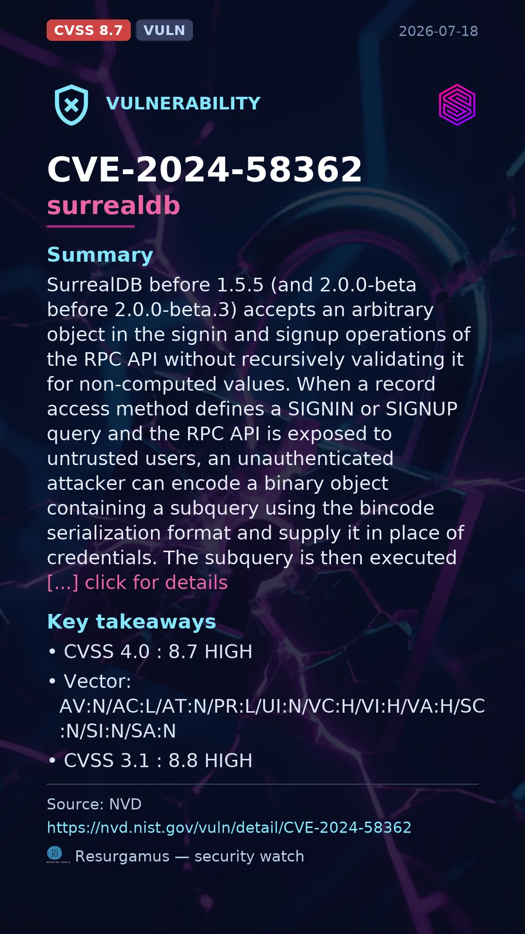 CVE-2024-58362 surrealdb Vulnerability