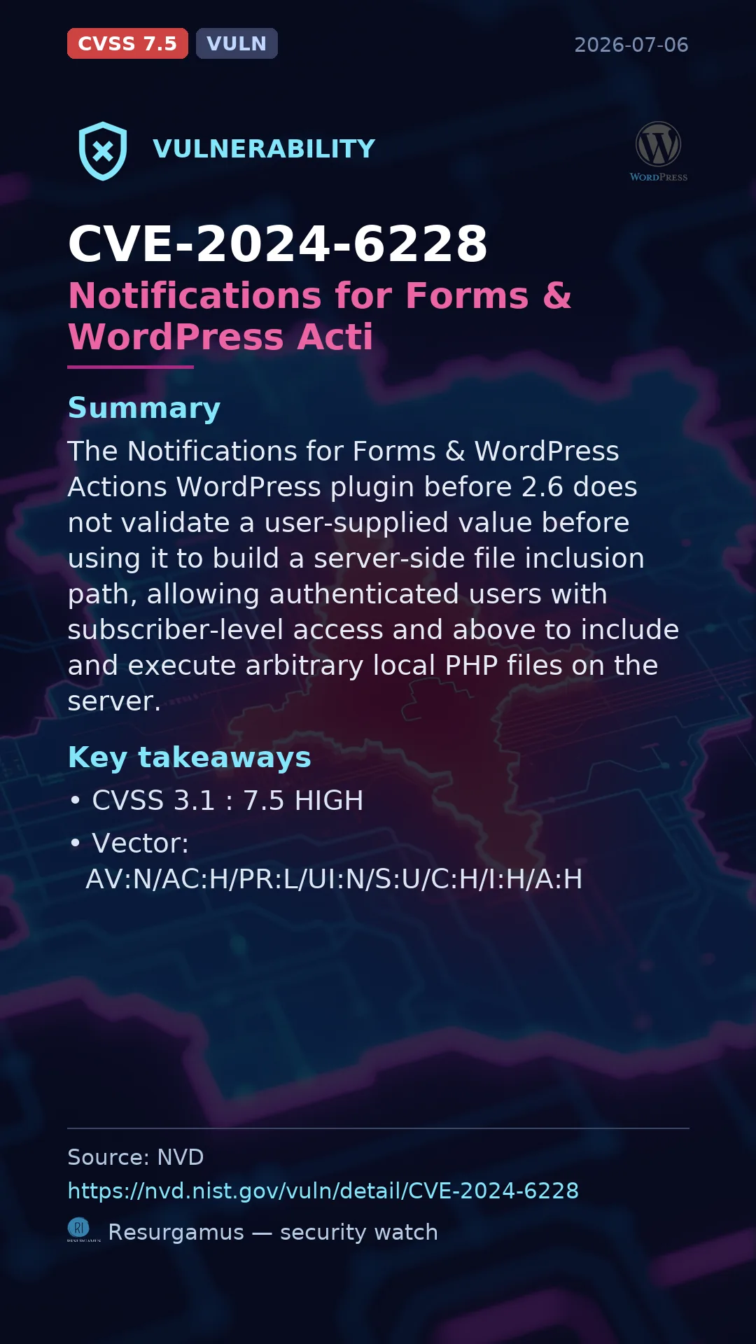 CVE-2024-6228 Notifications for Forms & WordPress Acti Vulnerability