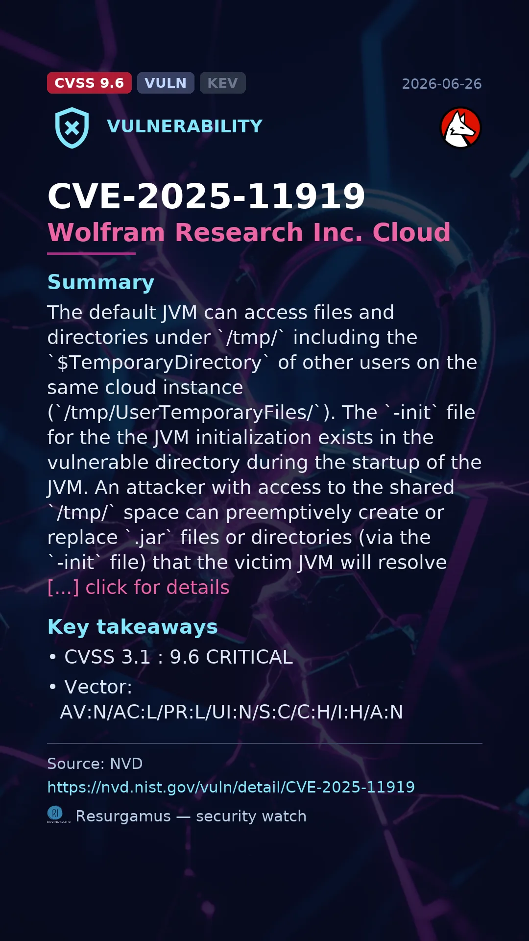 CVE-2025-11919 Wolfram Research Inc. Cloud Vulnerability