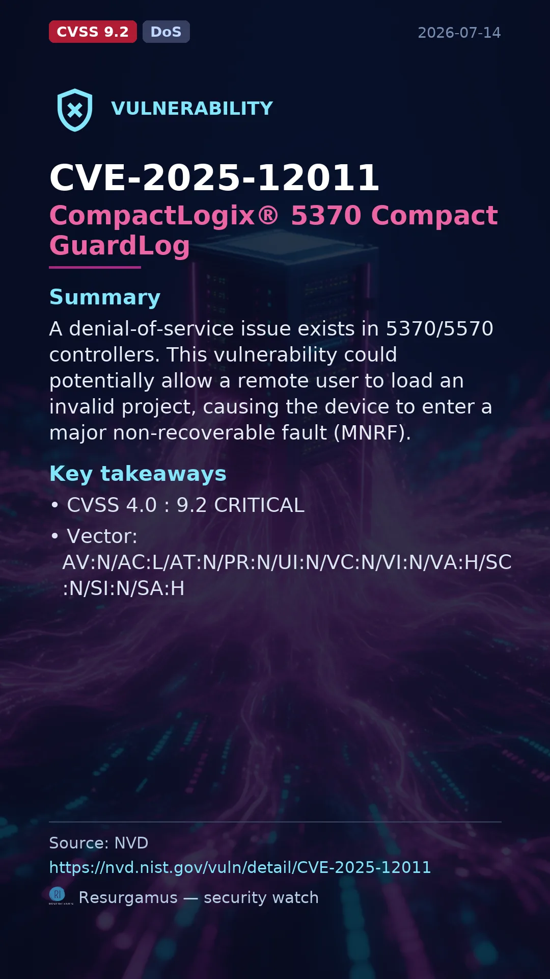 CVE-2025-12011 CompactLogix® 5370      Compact GuardLog Vulnerability