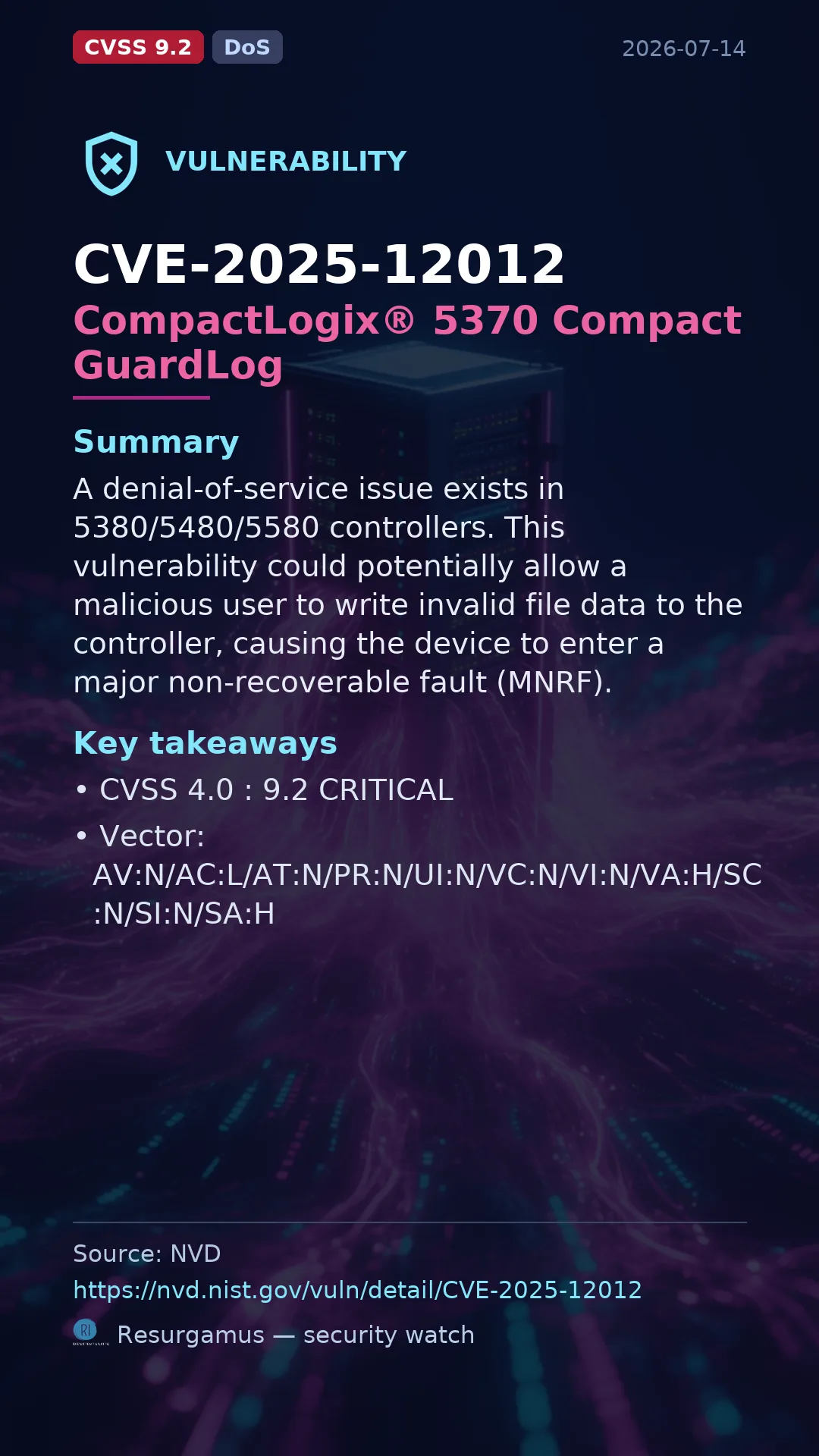 CVE-2025-12012 CompactLogix® 5370      Compact GuardLog Vulnerability