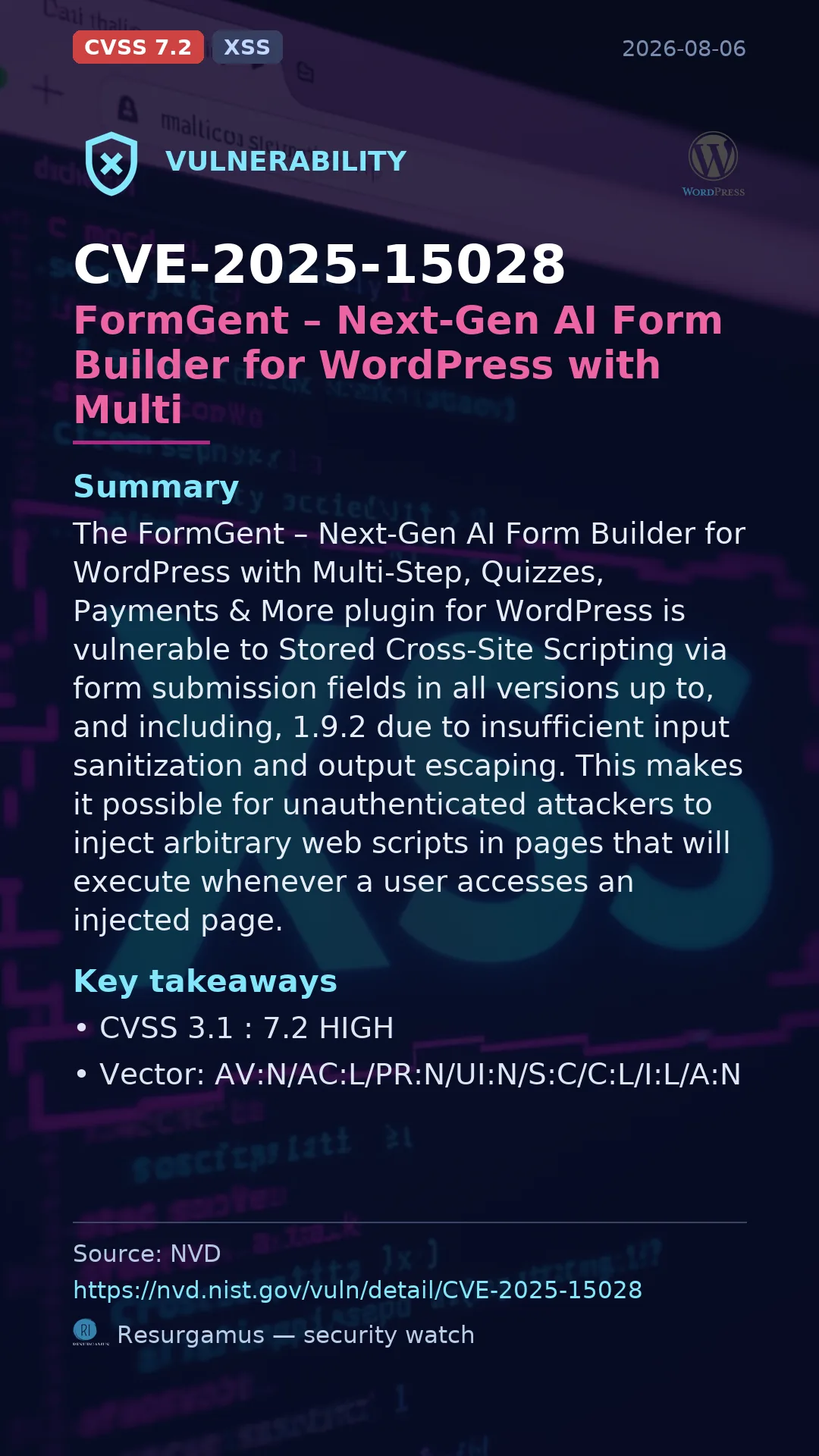 CVE-2025-15028 FormGent – Next-Gen AI Form Builder for WordPress with Multi Vulnerability