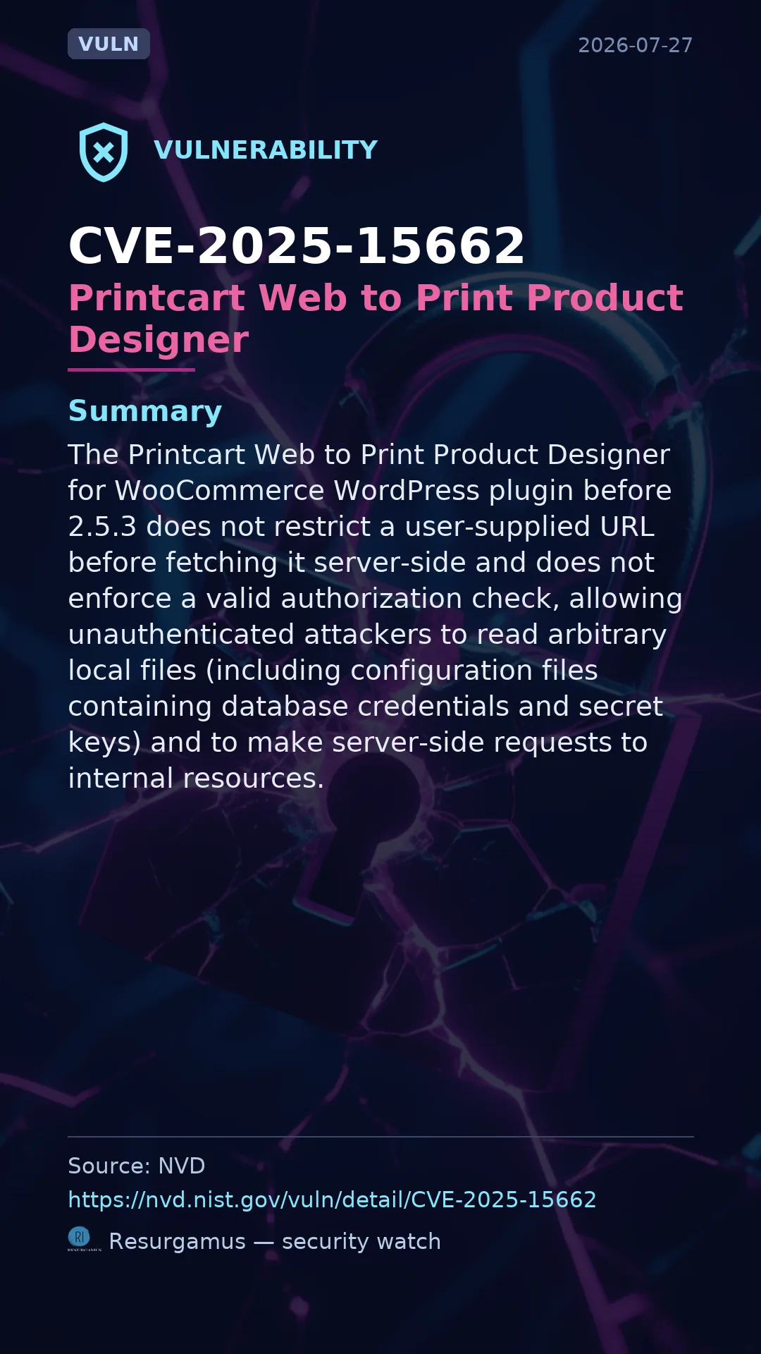 CVE-2025-15662 - Printcart Web to Print Product Designer vulnerability