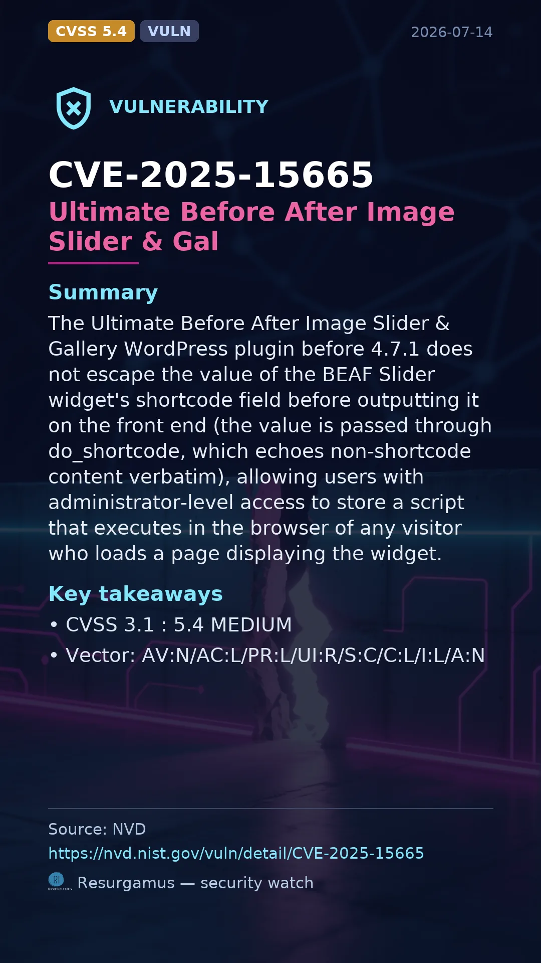 CVE-2025-15665 Ultimate Before After Image Slider & Gal Vulnerability