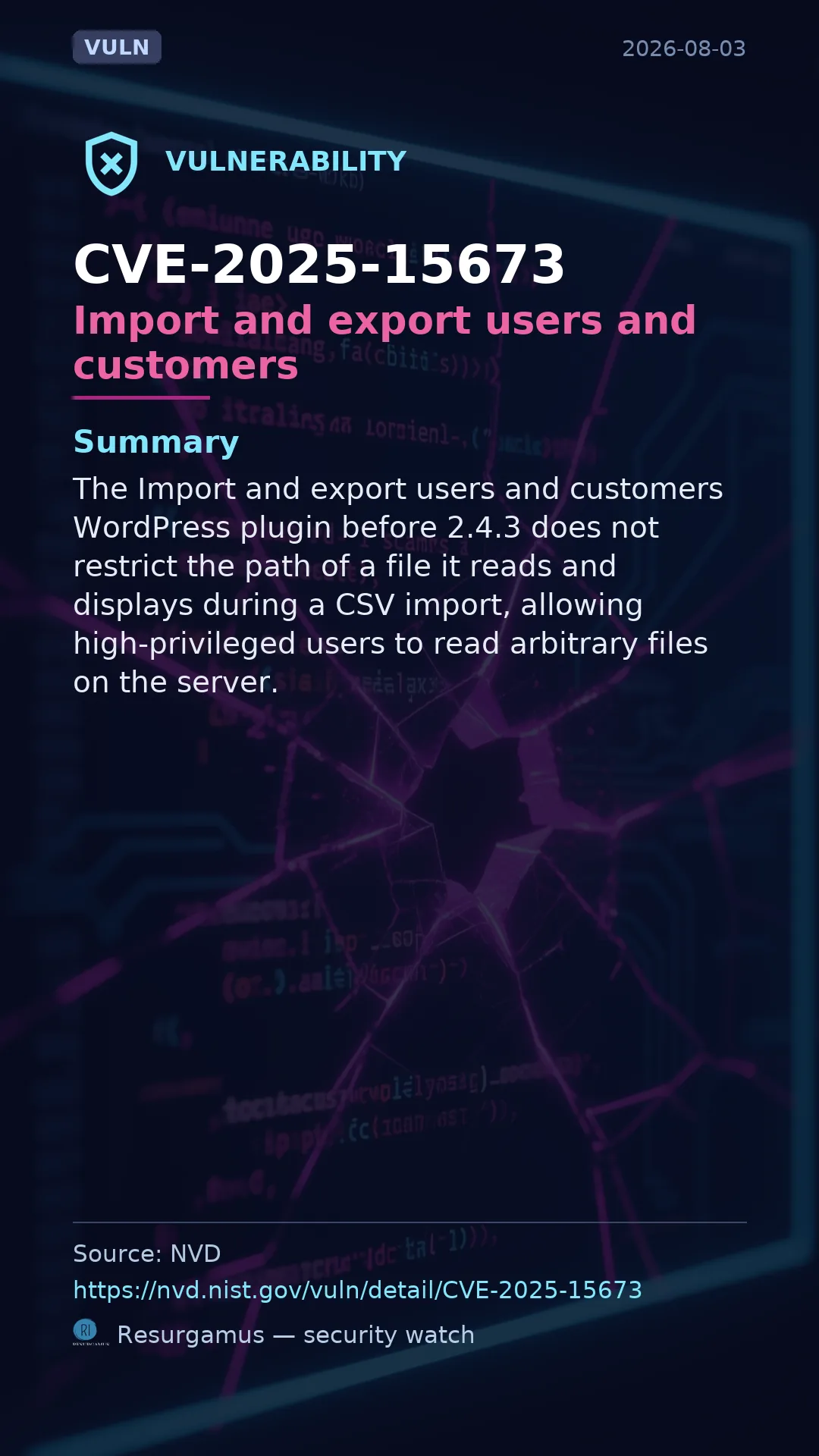 CVE-2025-15673 Import and export users and customers Vulnerability