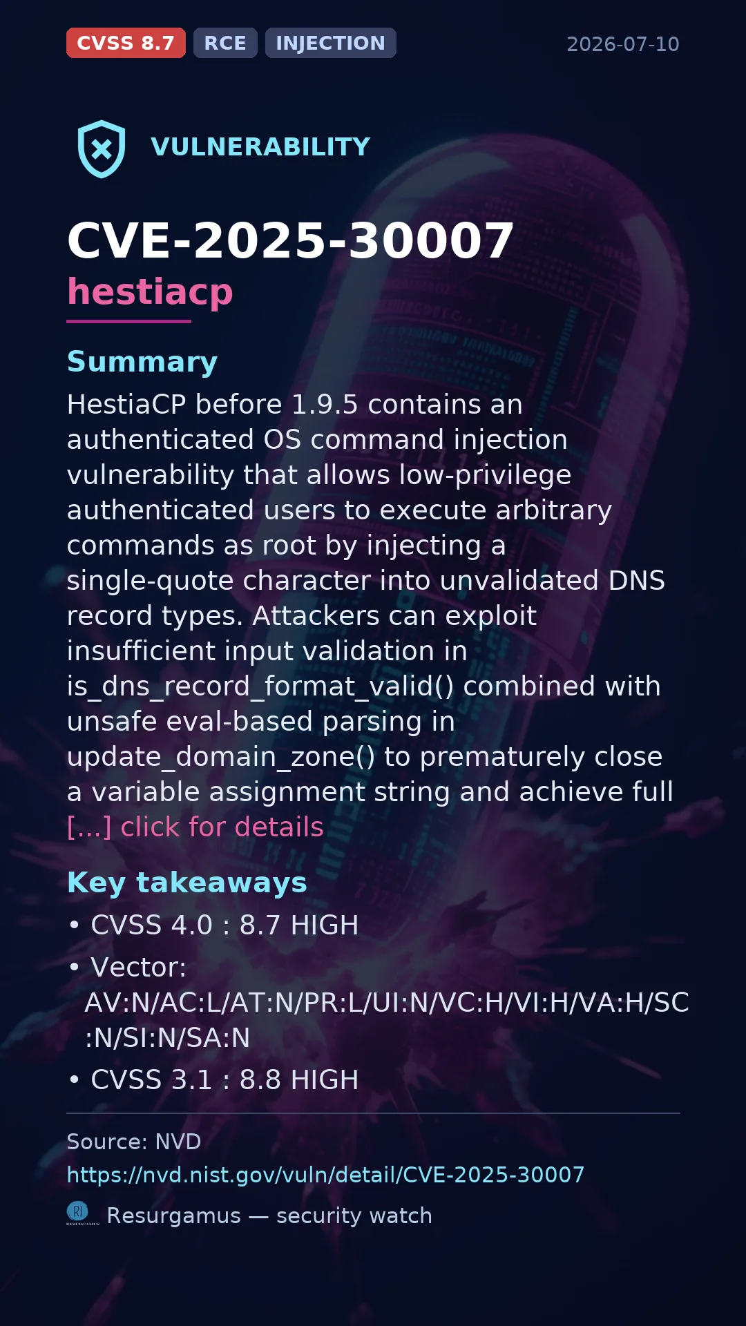 CVE-2025-30007 hestiacp Vulnerability