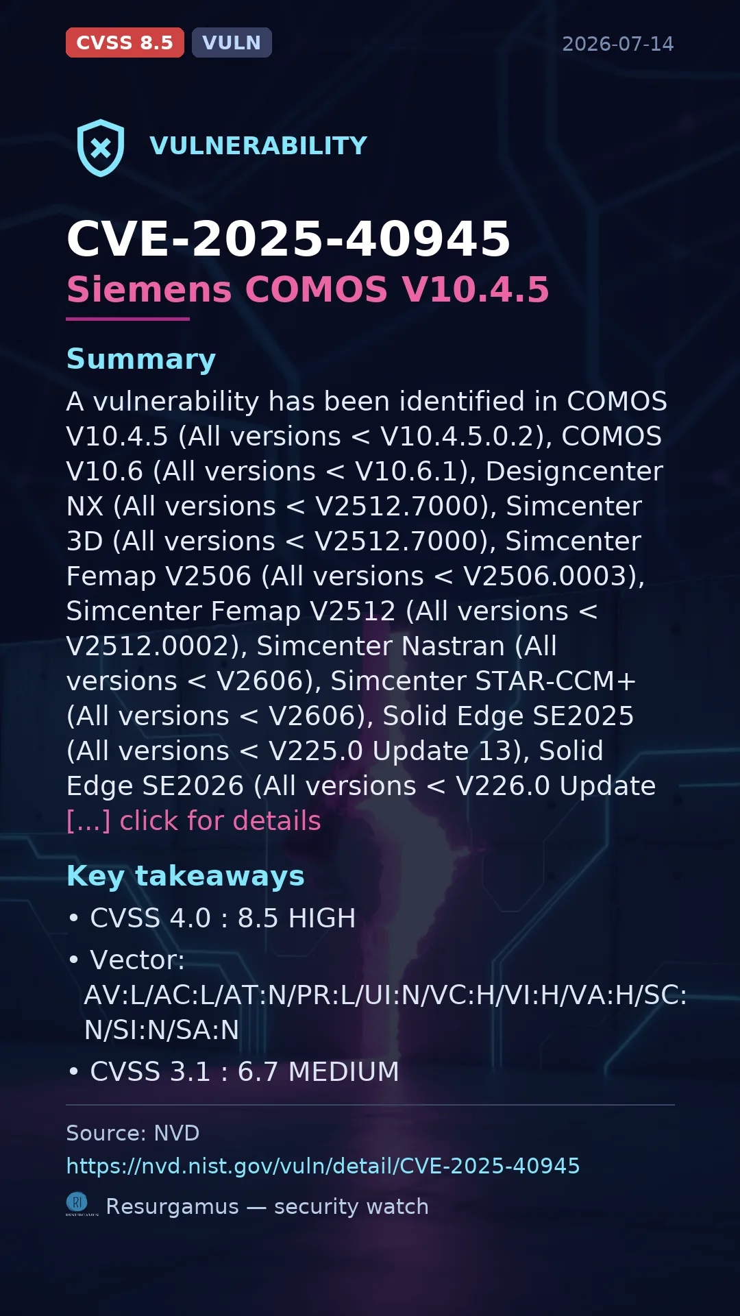 CVE-2025-40945 Siemens COMOS V10.4.5 Vulnerability