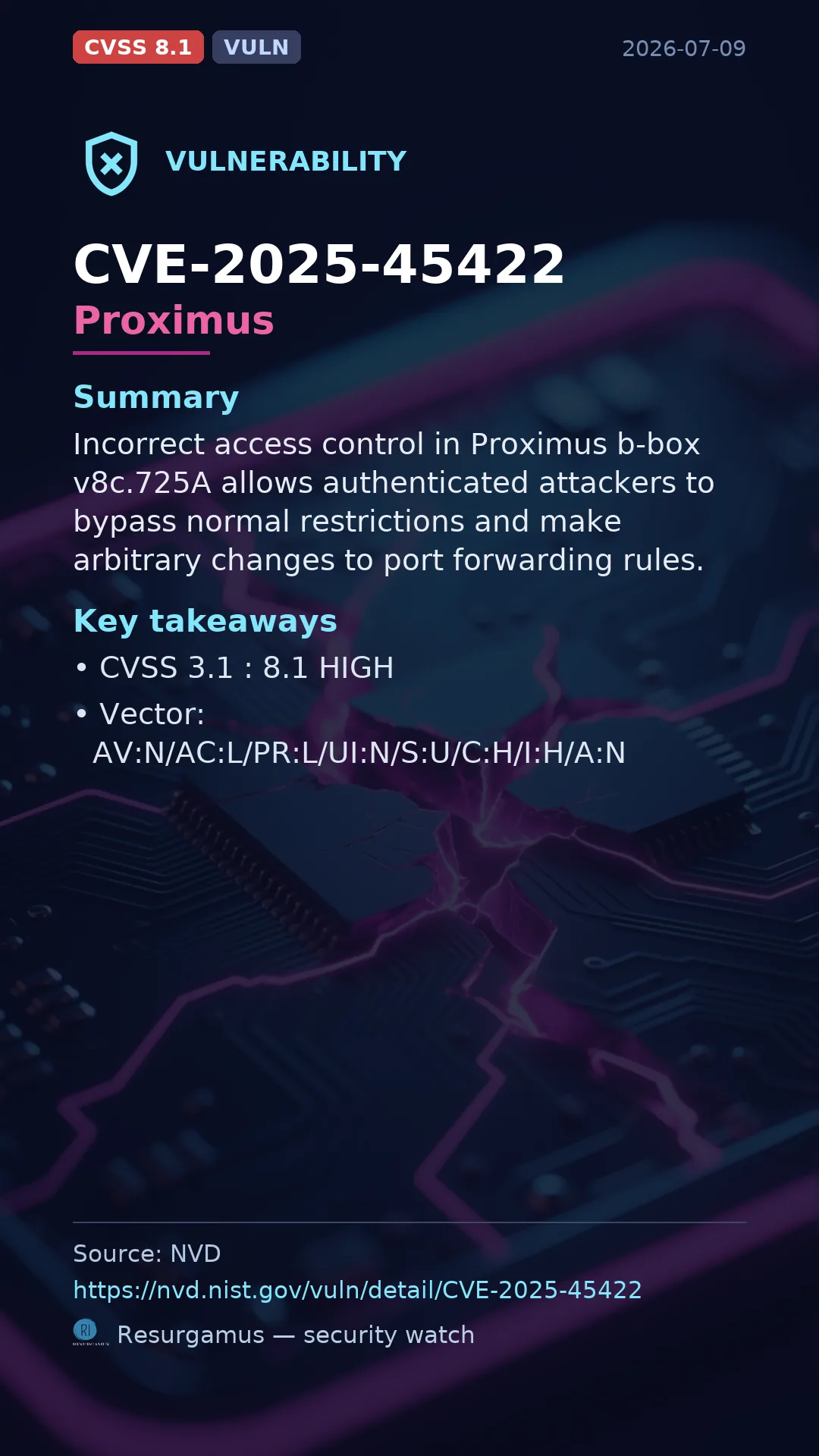CVE-2025-45422 Proximus Vulnerability
