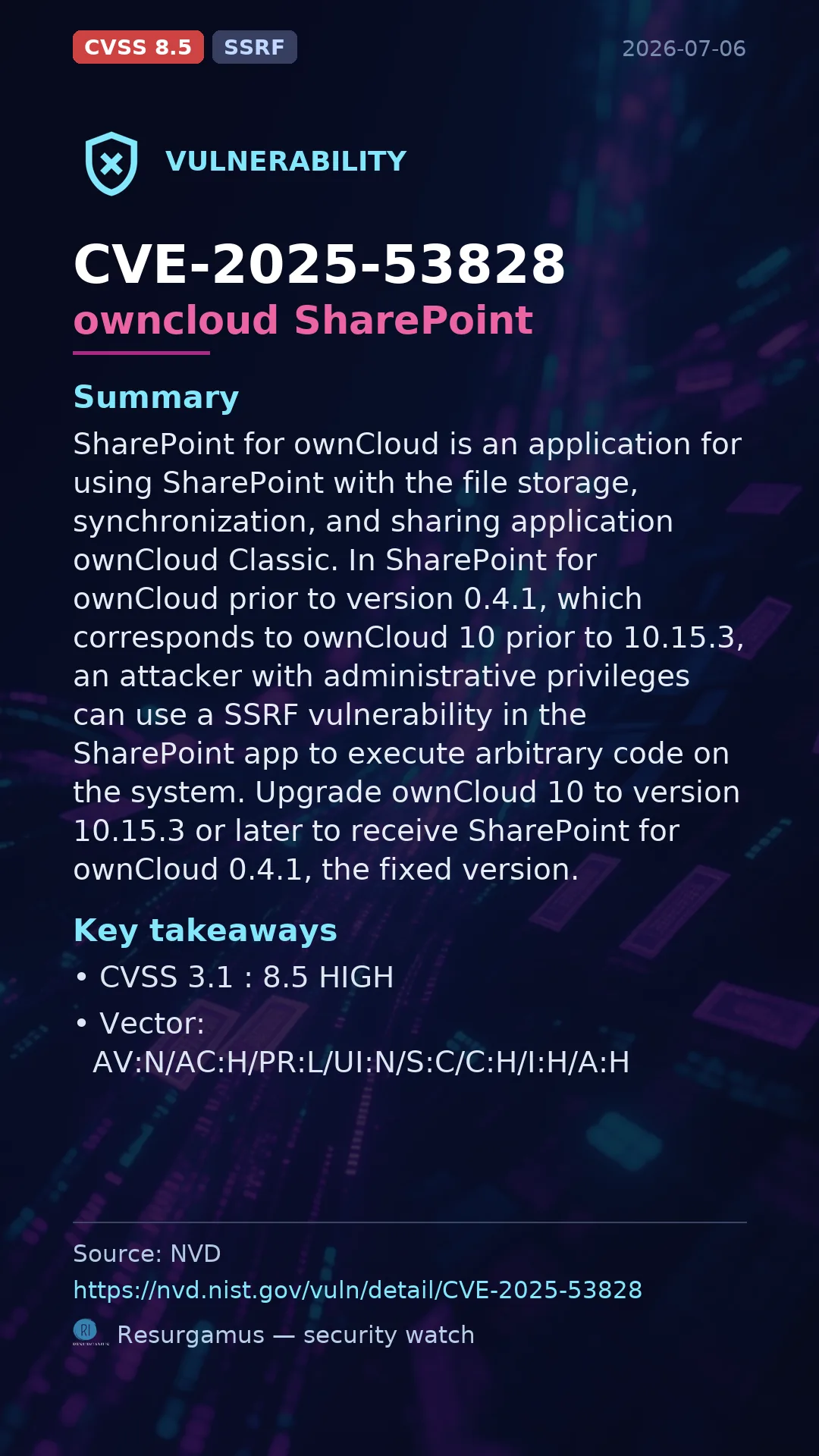 CVE-2025-53828 owncloud SharePoint Vulnerability