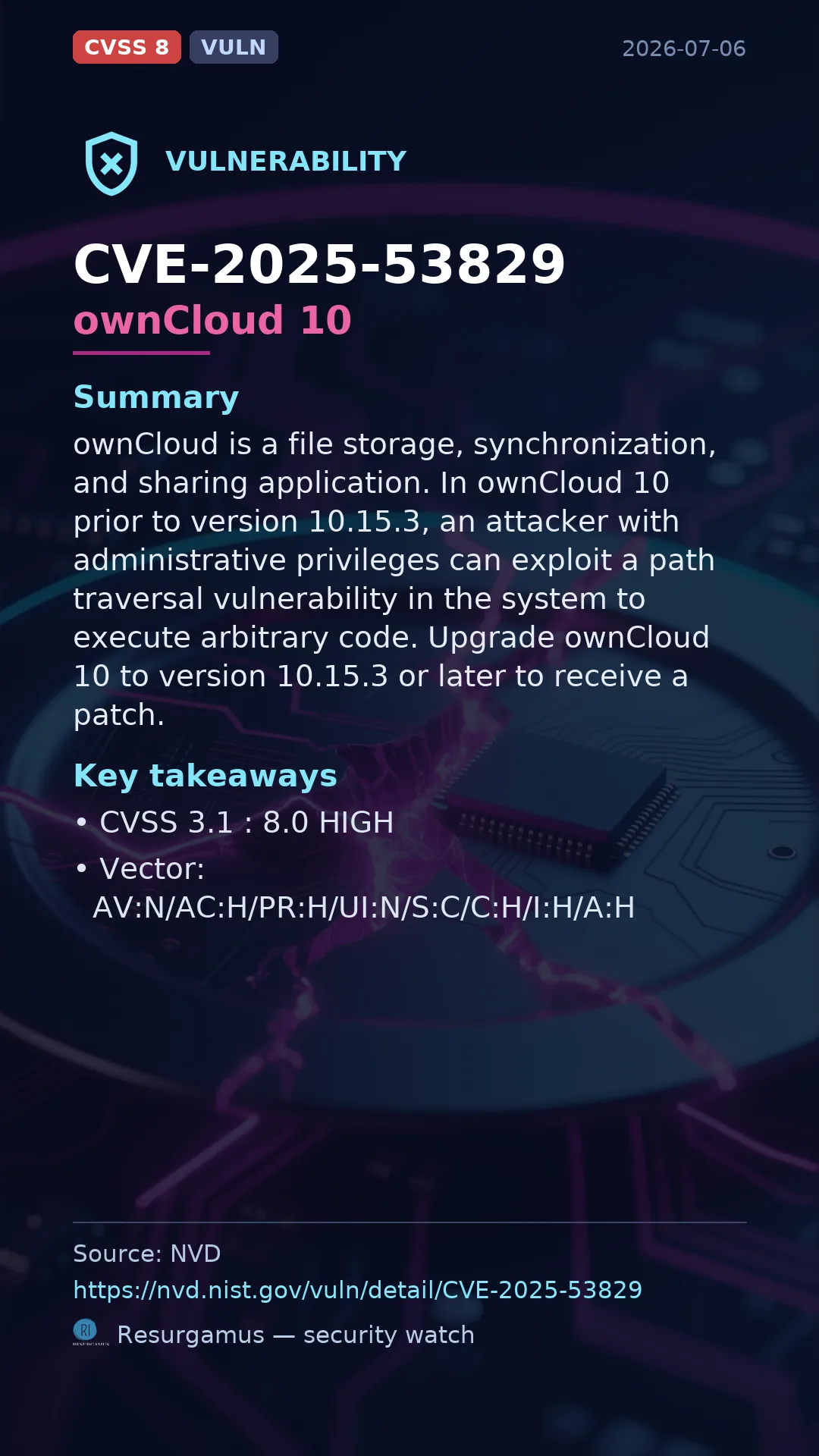 CVE-2025-53829 ownCloud 10 Vulnerability