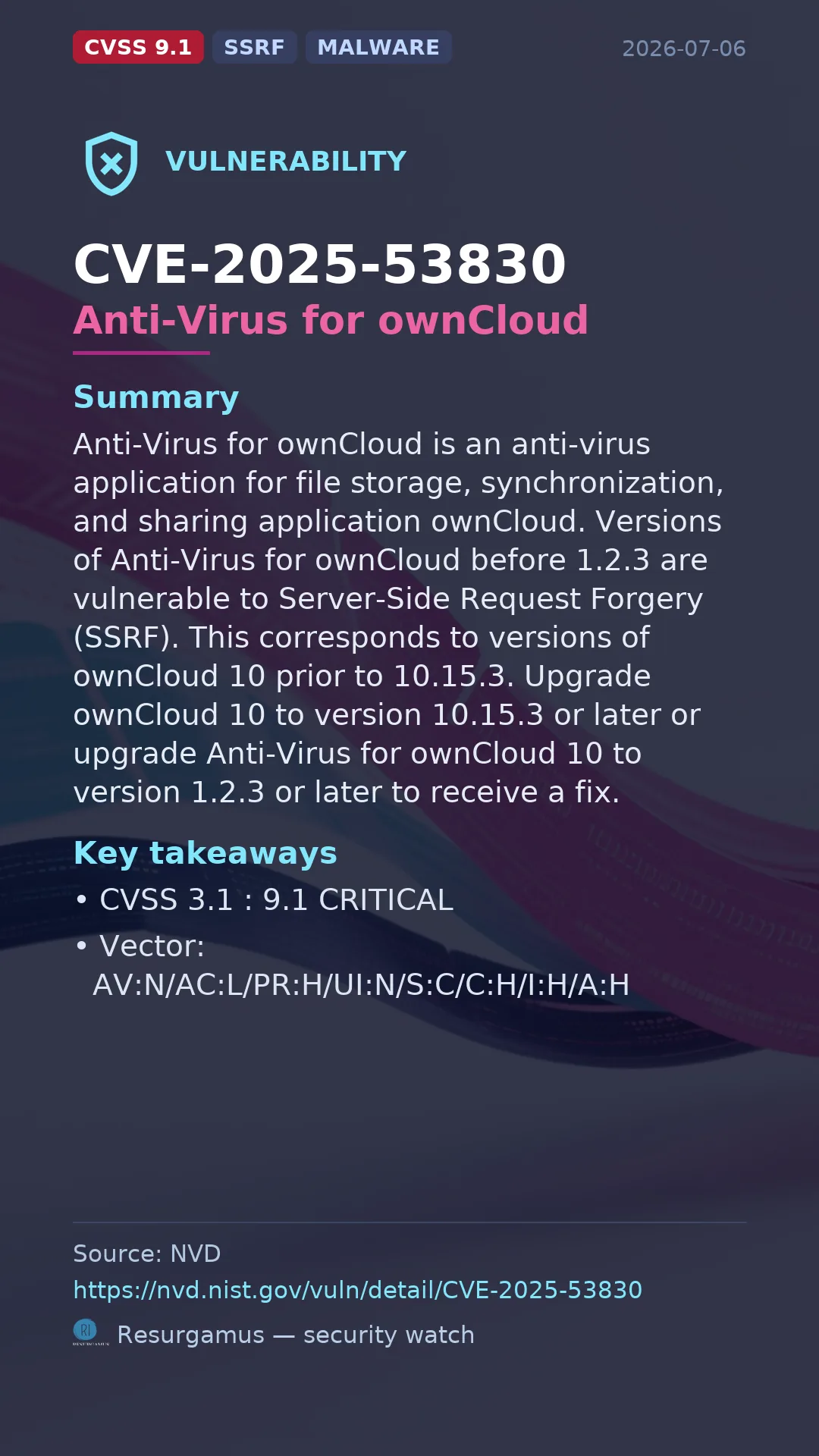 CVE-2025-53830 Anti-Virus for ownCloud Vulnerability