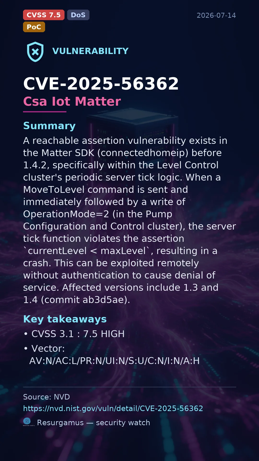 CVE-2025-56362 Csa Iot Matter Vulnerability