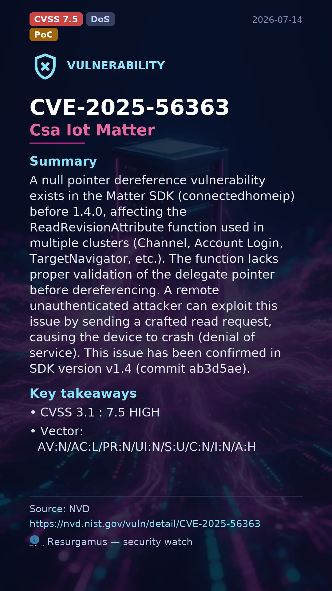 CVE-2025-56363 Csa Iot Matter Vulnerability