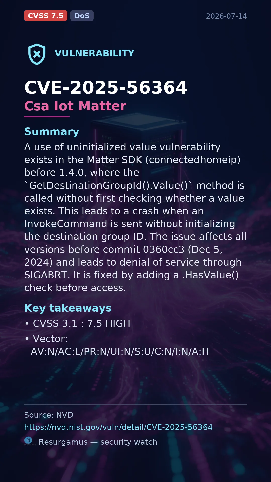 CVE-2025-56364 Csa Iot Matter Vulnerability