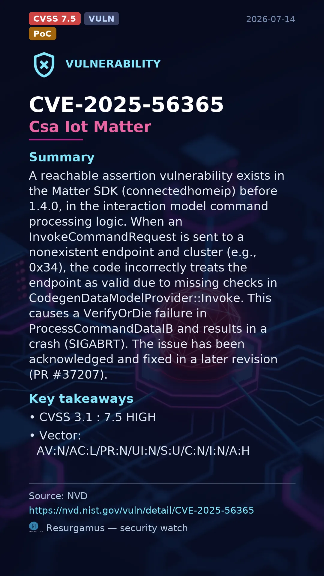 CVE-2025-56365 Csa Iot Matter Vulnerability