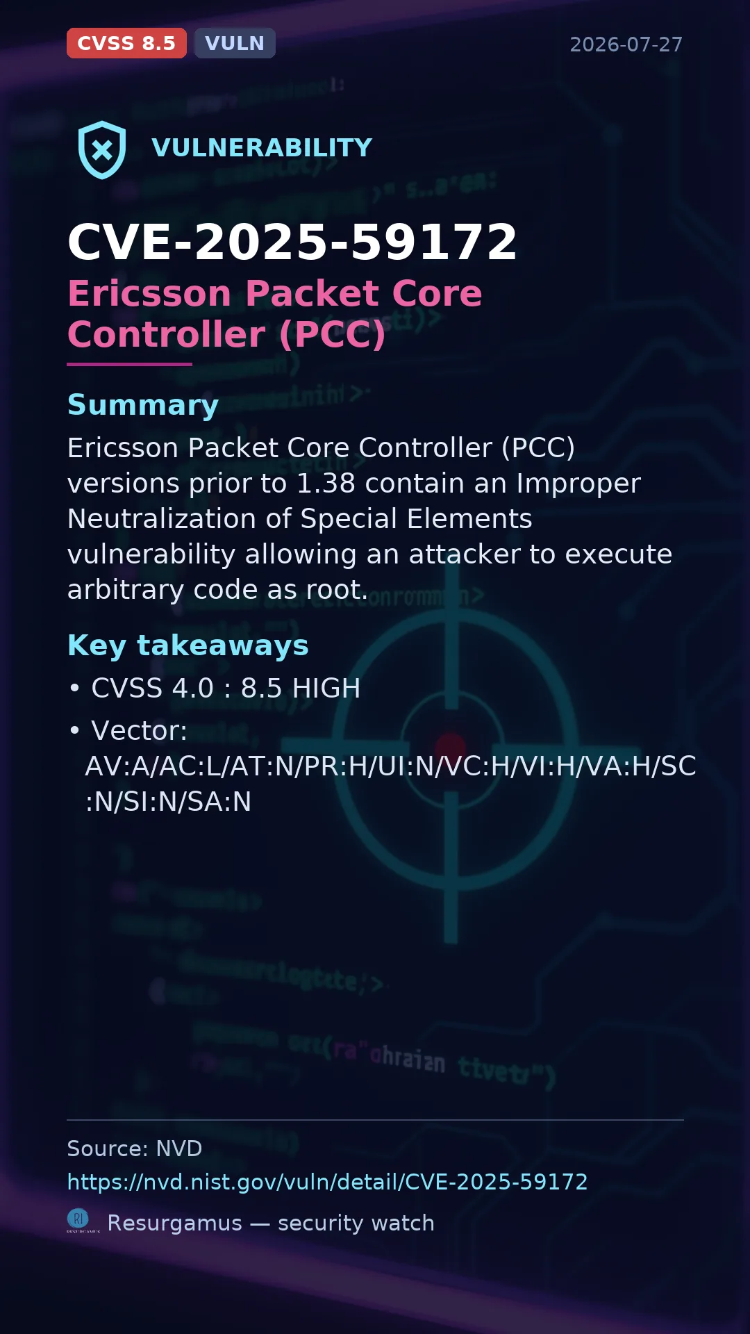CVE-2025-59172 Ericsson Packet Core Controller (PCC) Vulnerability