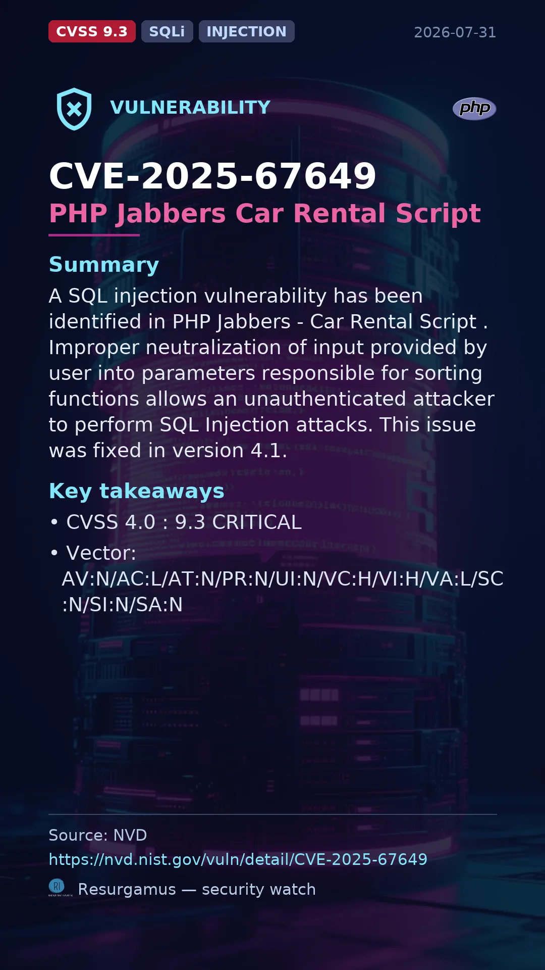 CVE-2025-67649 PHP Jabbers Car Rental Script Vulnerability