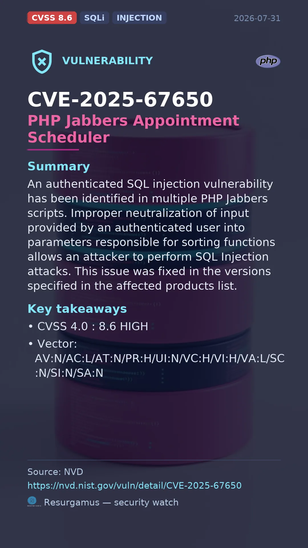 CVE-2025-67650 PHP Jabbers Appointment Scheduler Vulnerability