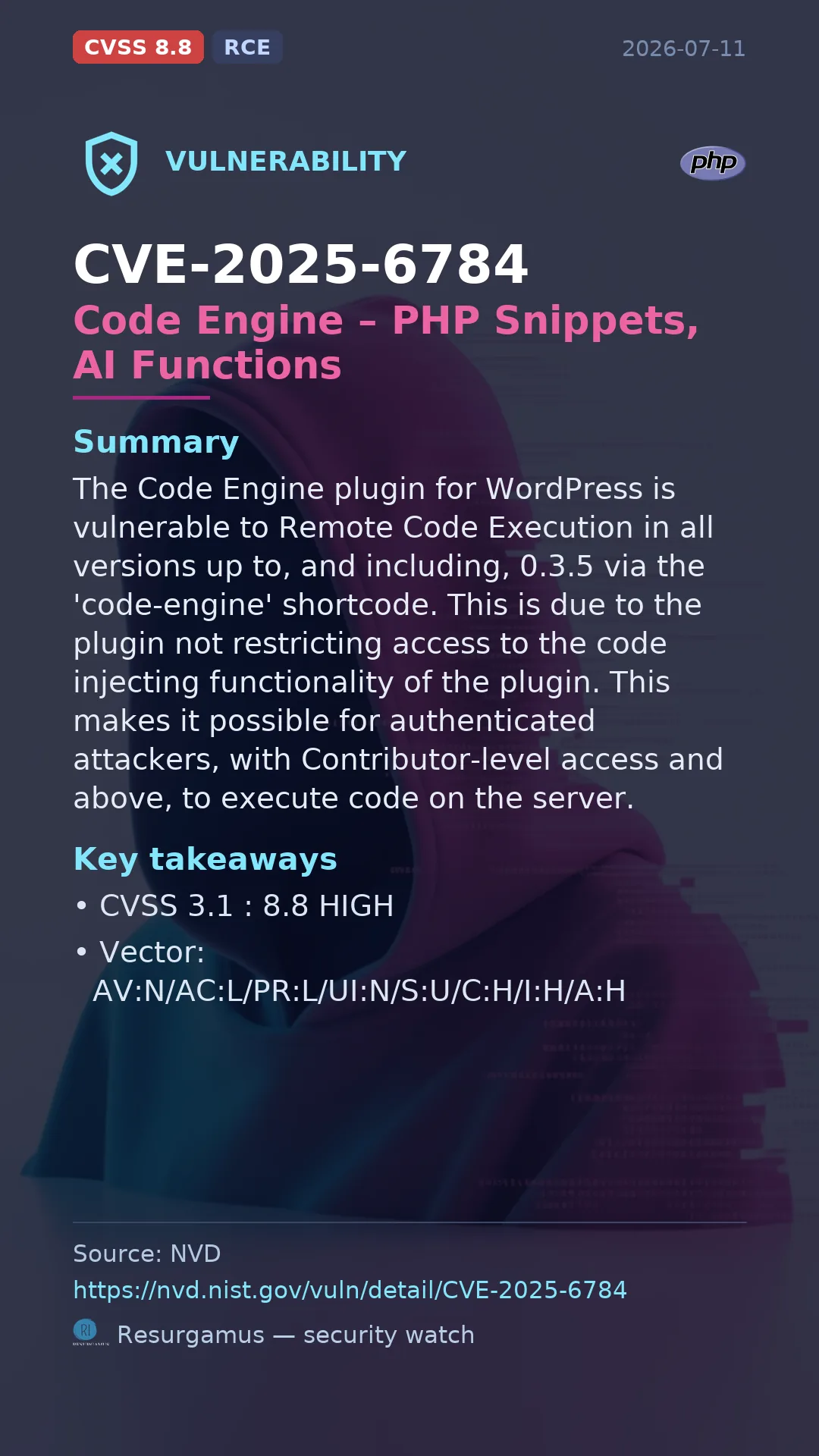 CVE-2025-6784 Code Engine – PHP Snippets, AI Functions Vulnerability