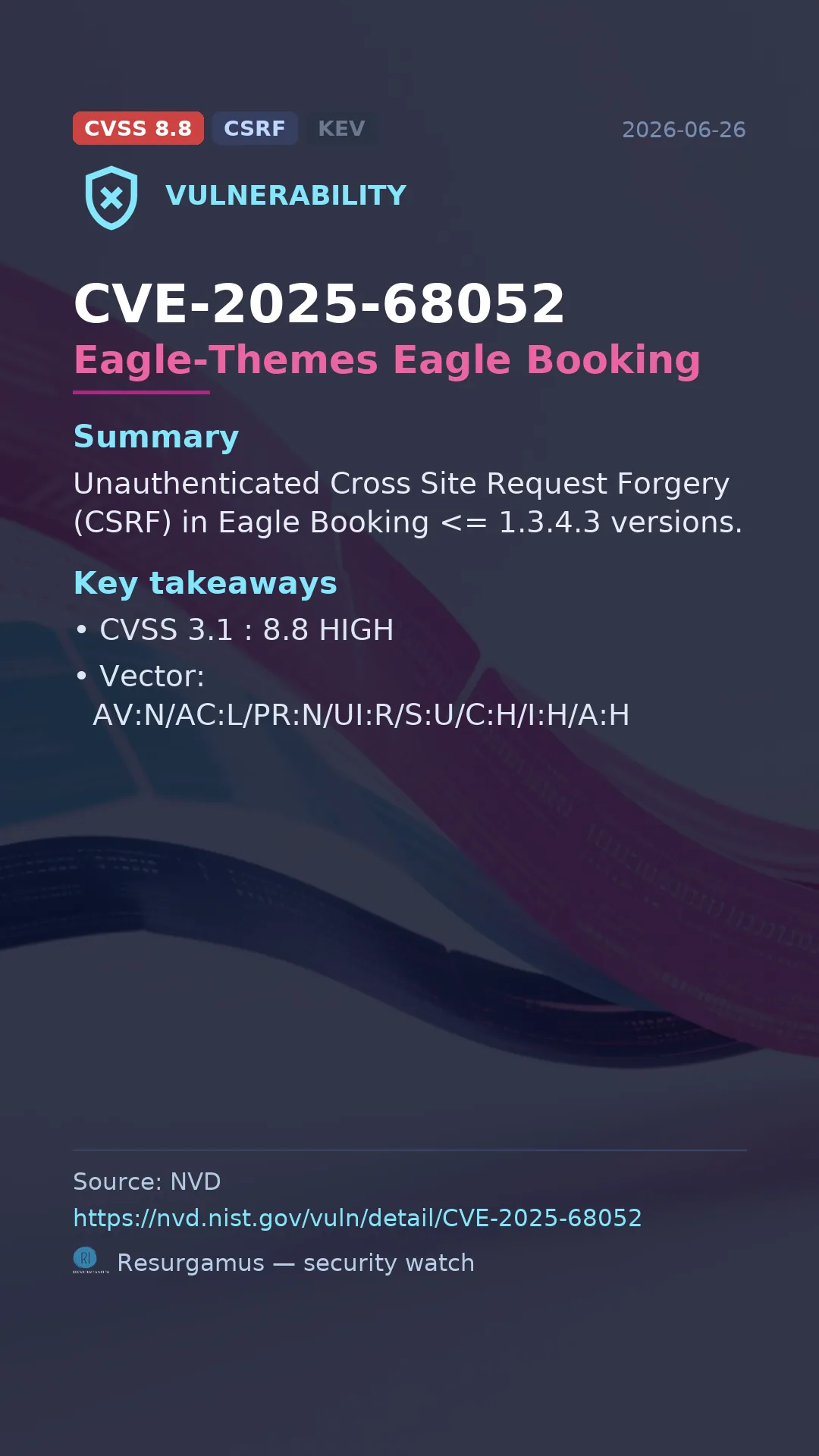 CVE-2025-68052 Eagle-Themes Eagle Booking Vulnerability