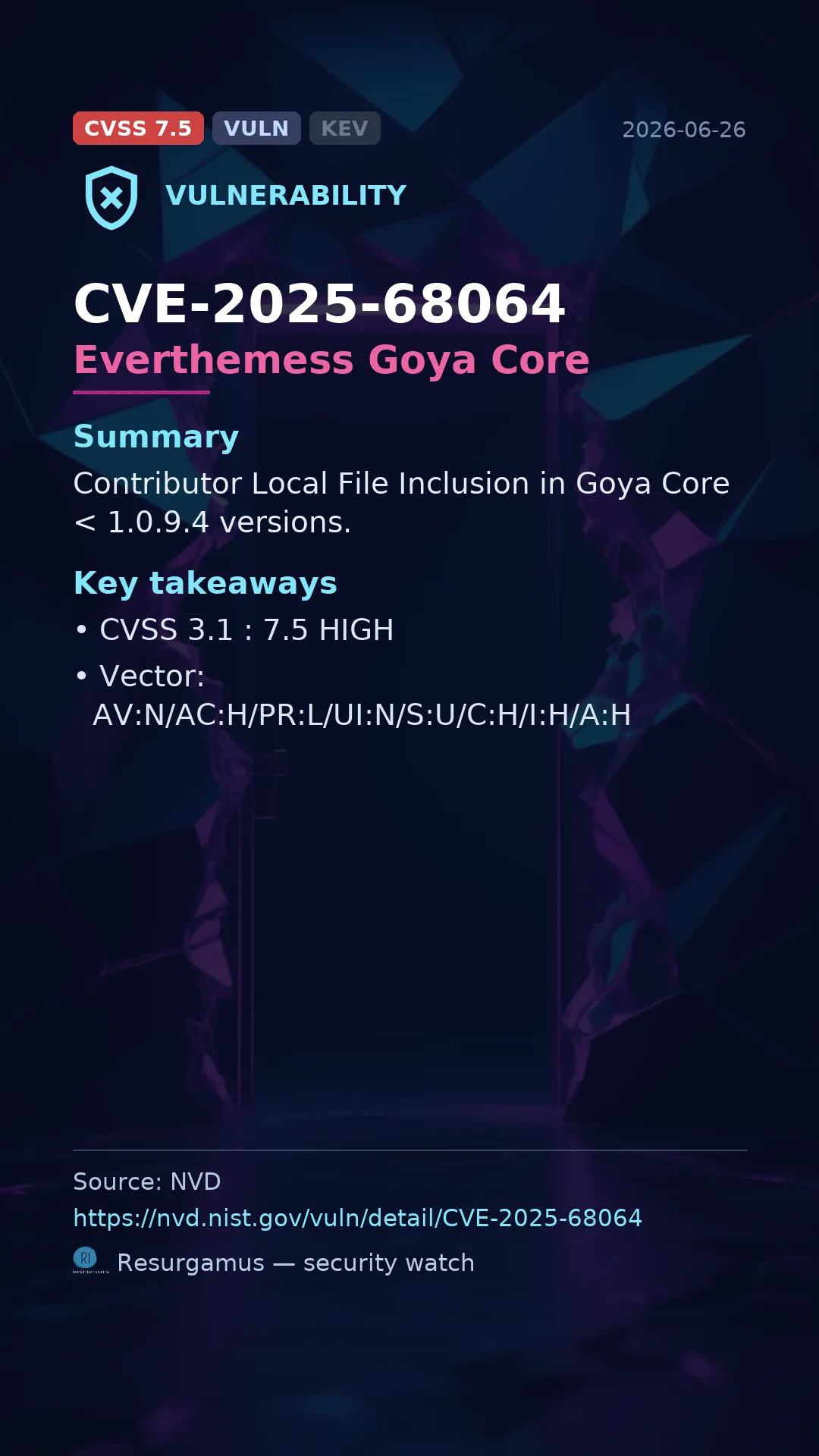 CVE-2025-68064 Everthemess Goya Core Vulnerability