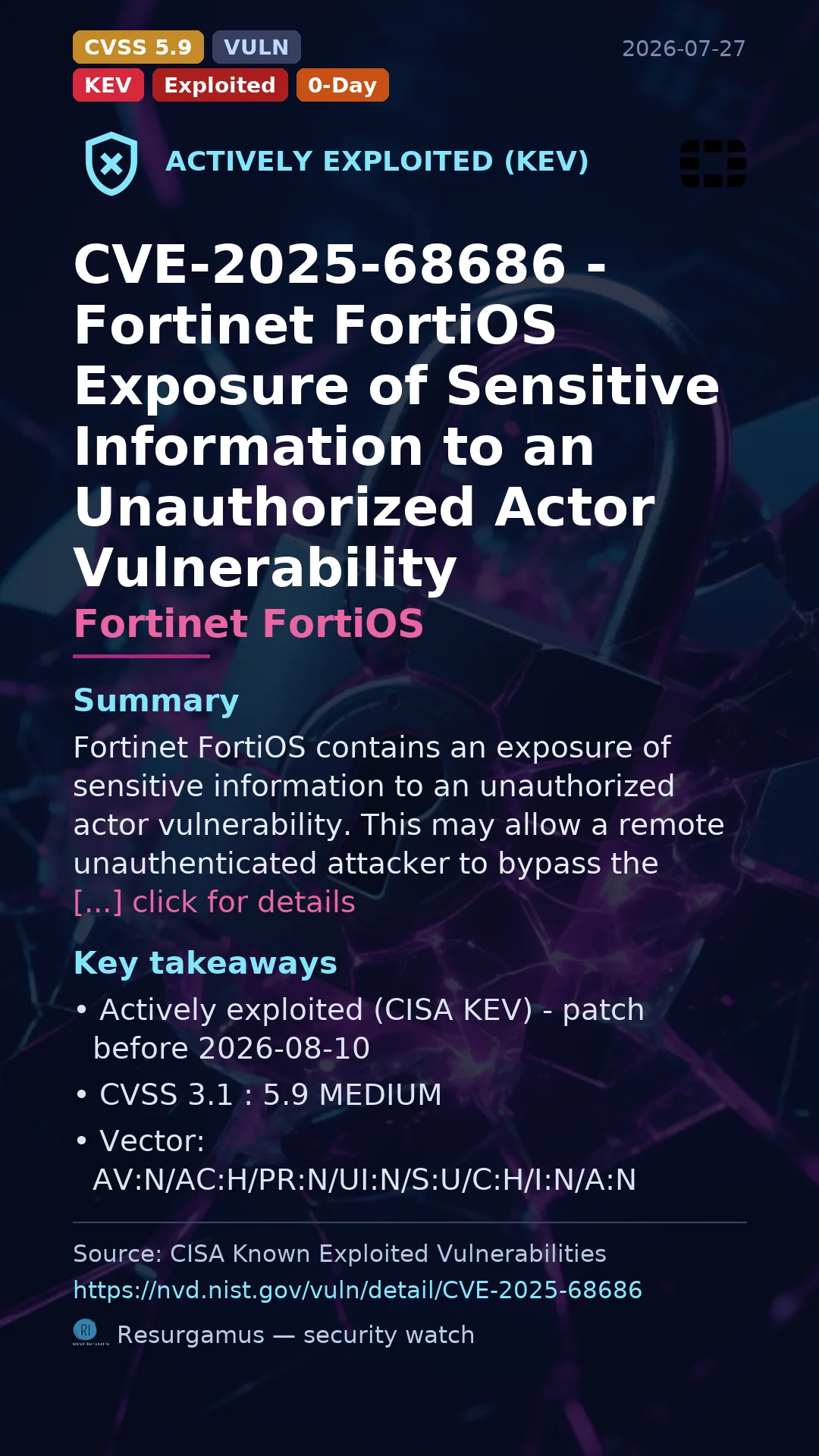 CVE-2025-68686 Fortinet FortiOS Actively Exploited (CISA KEV)