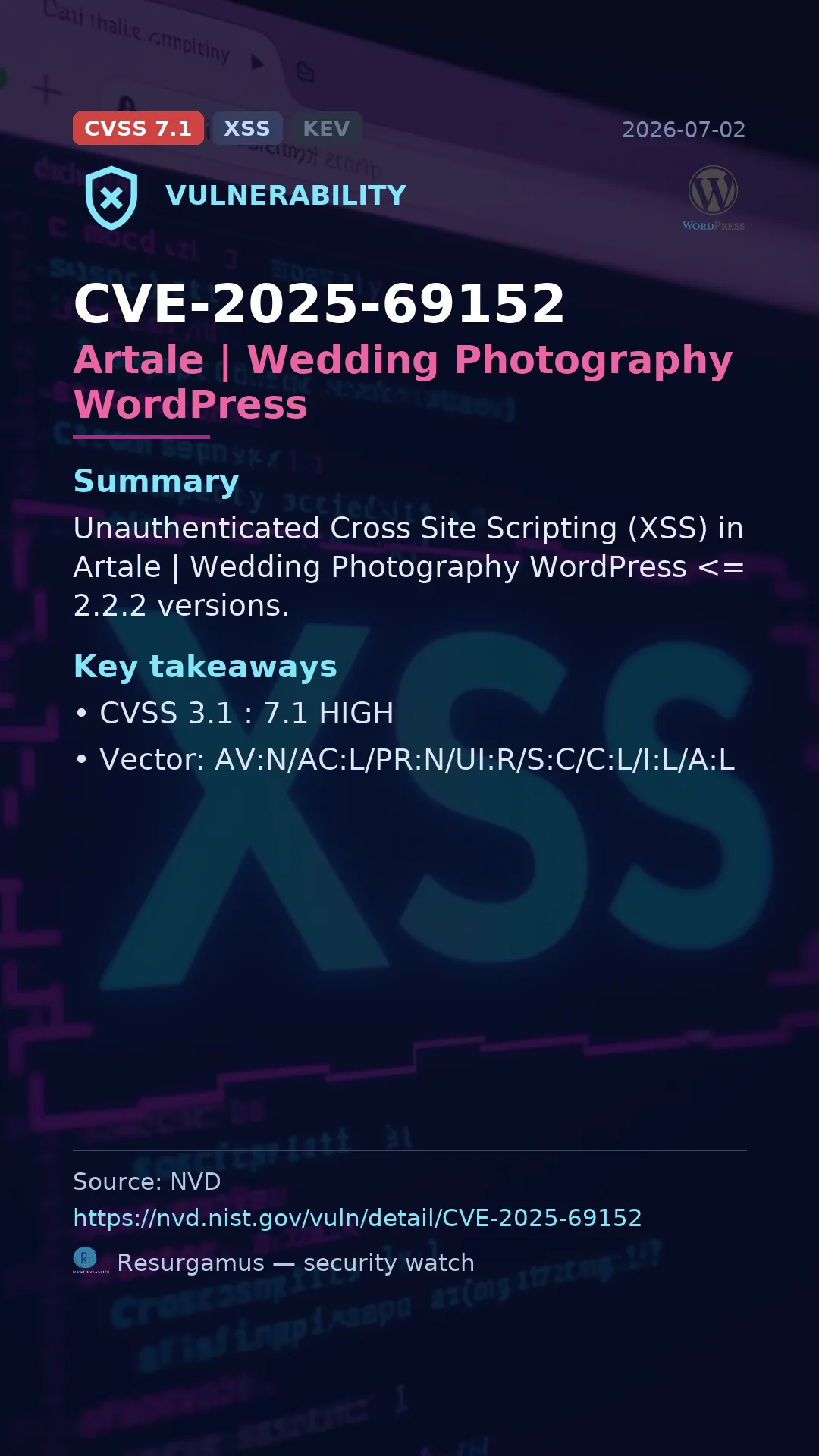 CVE-2025-69152 Artale | Wedding Photography WordPress Vulnerability