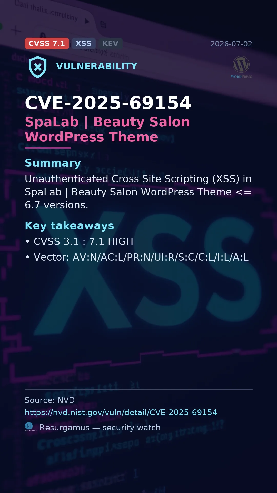 CVE-2025-69154 SpaLab | Beauty Salon WordPress Theme Vulnerability