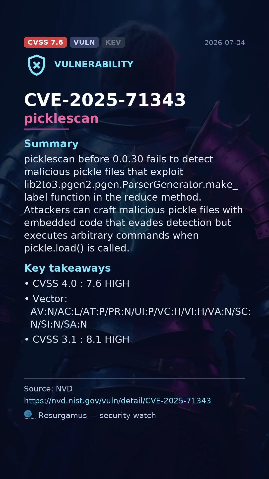 CVE-2025-71343 picklescan Vulnerability
