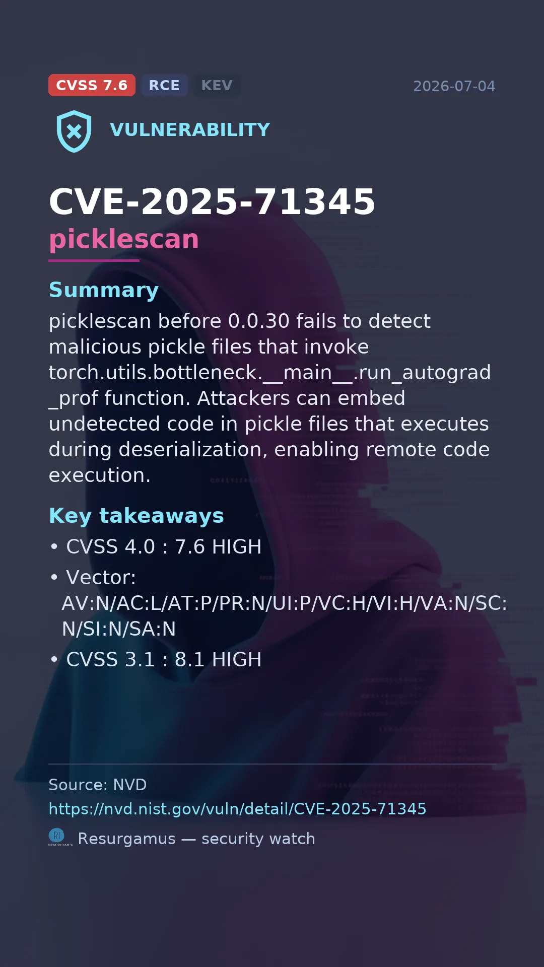 CVE-2025-71345 picklescan Vulnerability