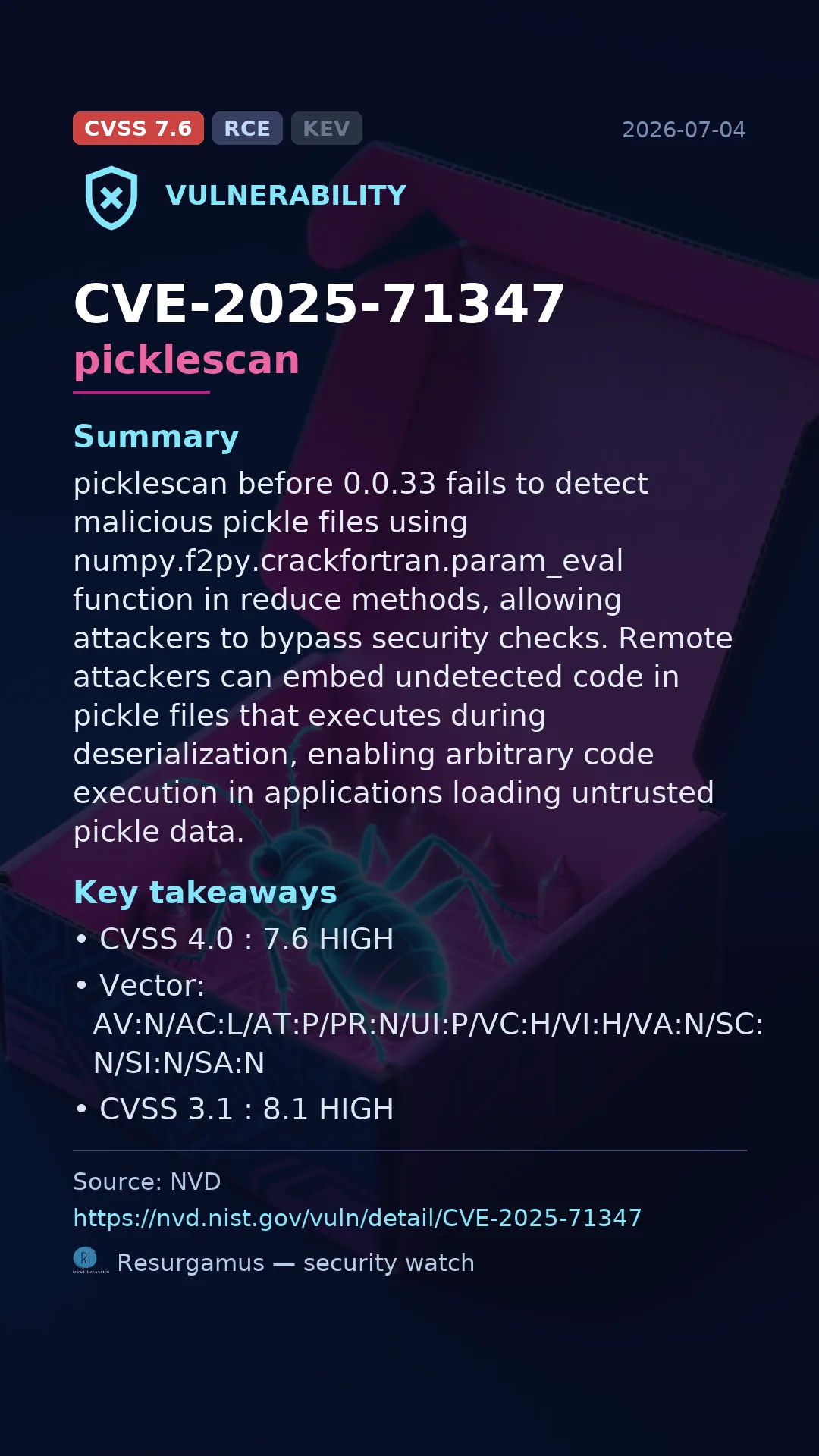 CVE-2025-71347 picklescan Vulnerability