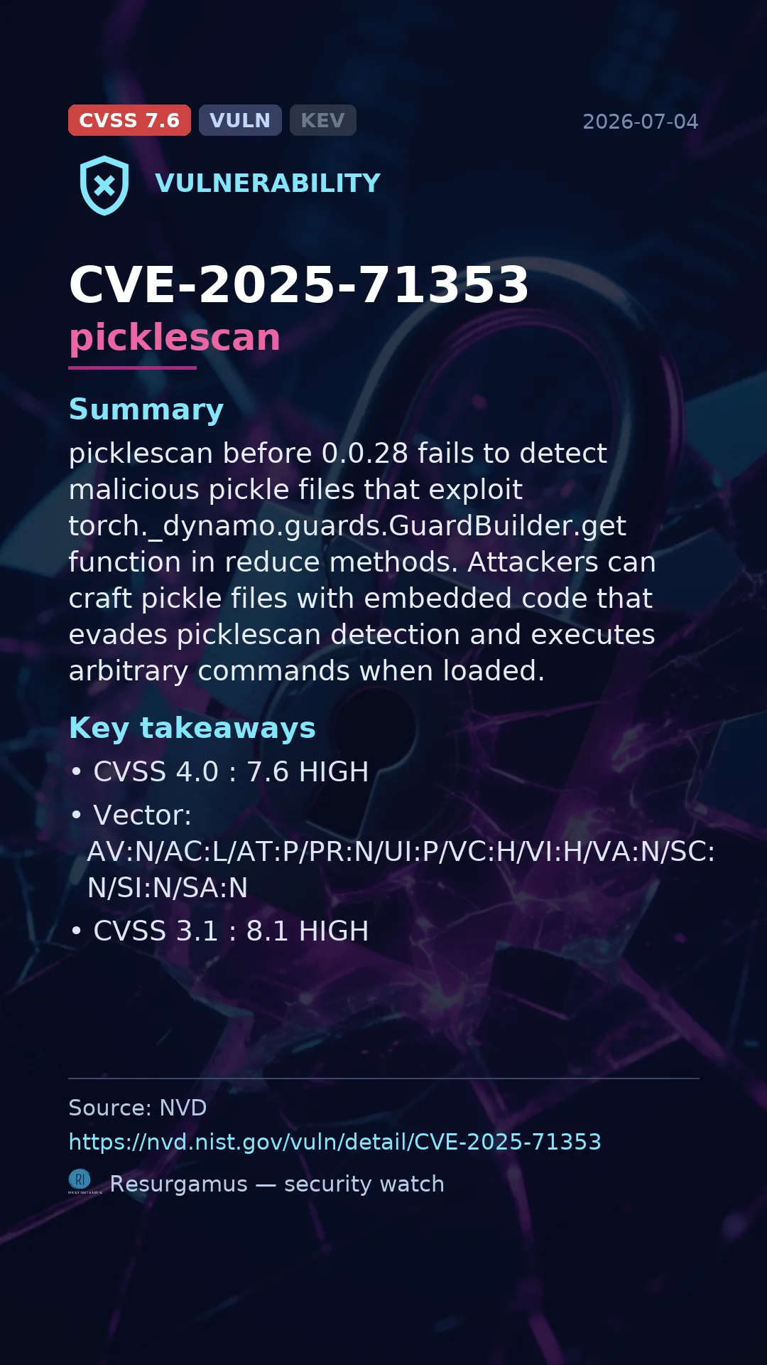CVE-2025-71353 picklescan Vulnerability