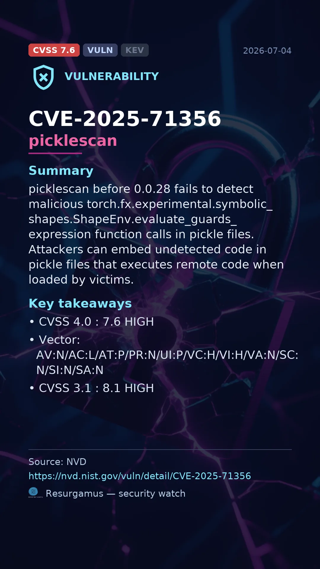 CVE-2025-71356 picklescan Vulnerability