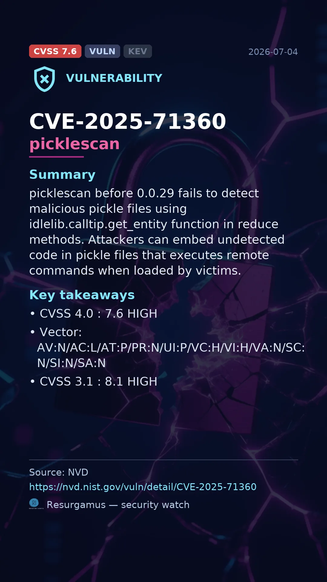CVE-2025-71360 picklescan Vulnerability