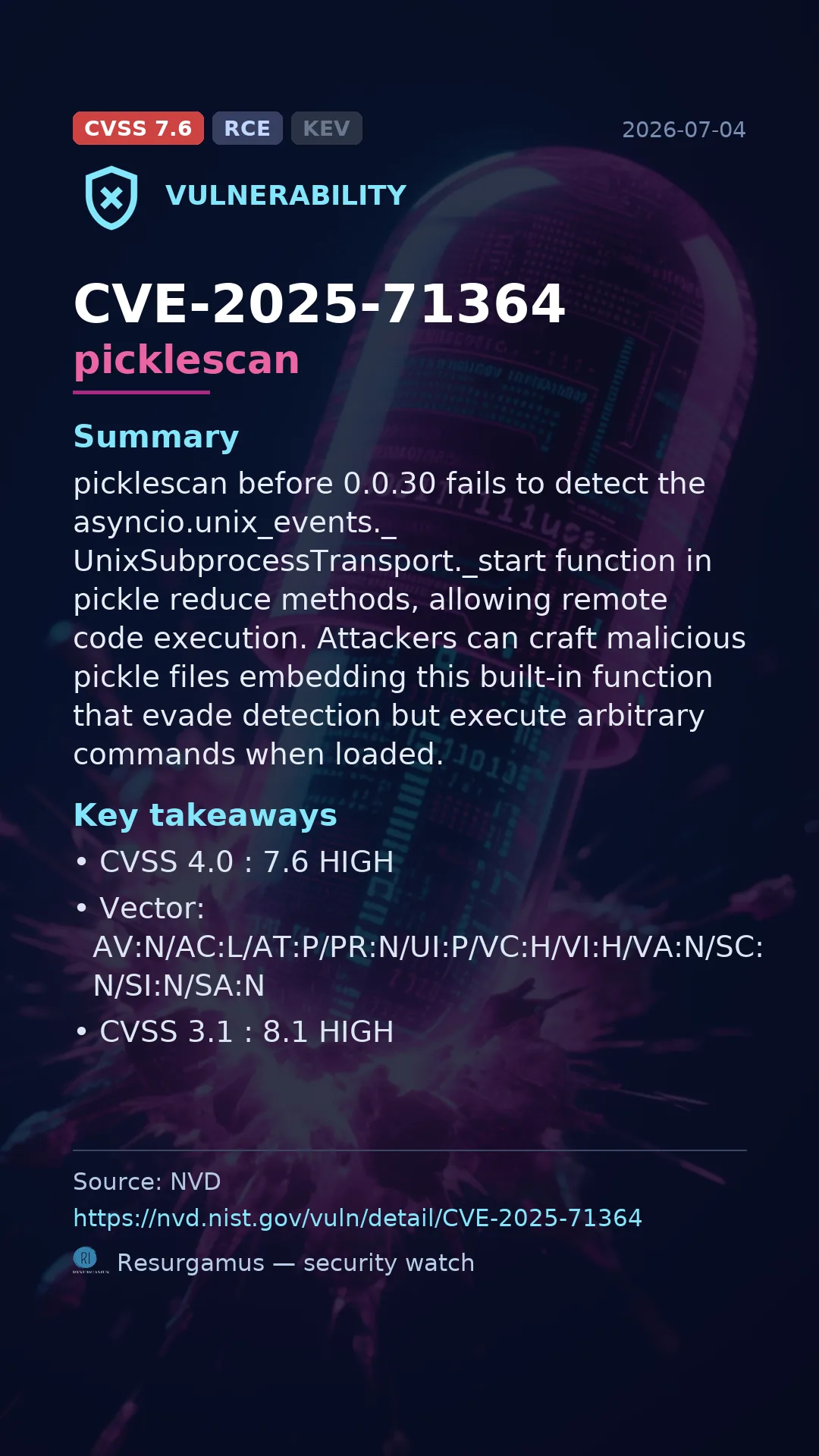 CVE-2025-71364 picklescan Vulnerability