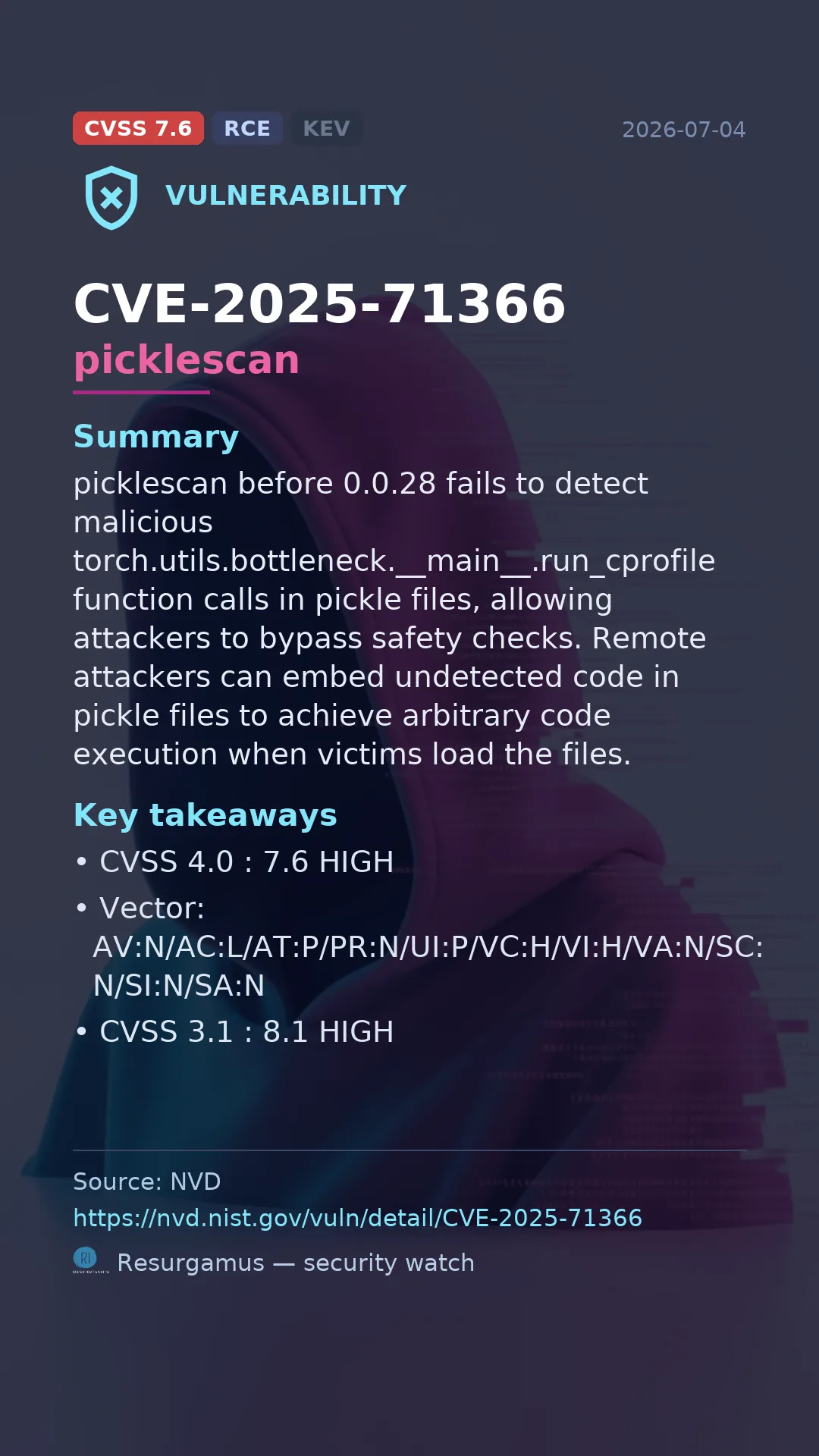 CVE-2025-71366 picklescan Vulnerability