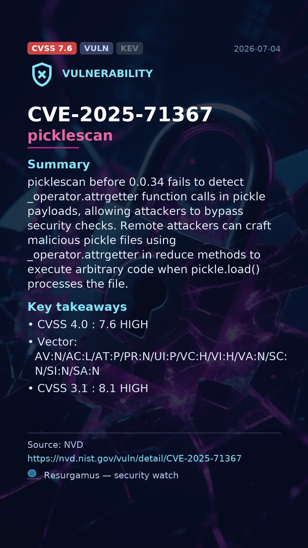 CVE-2025-71367 picklescan Vulnerability