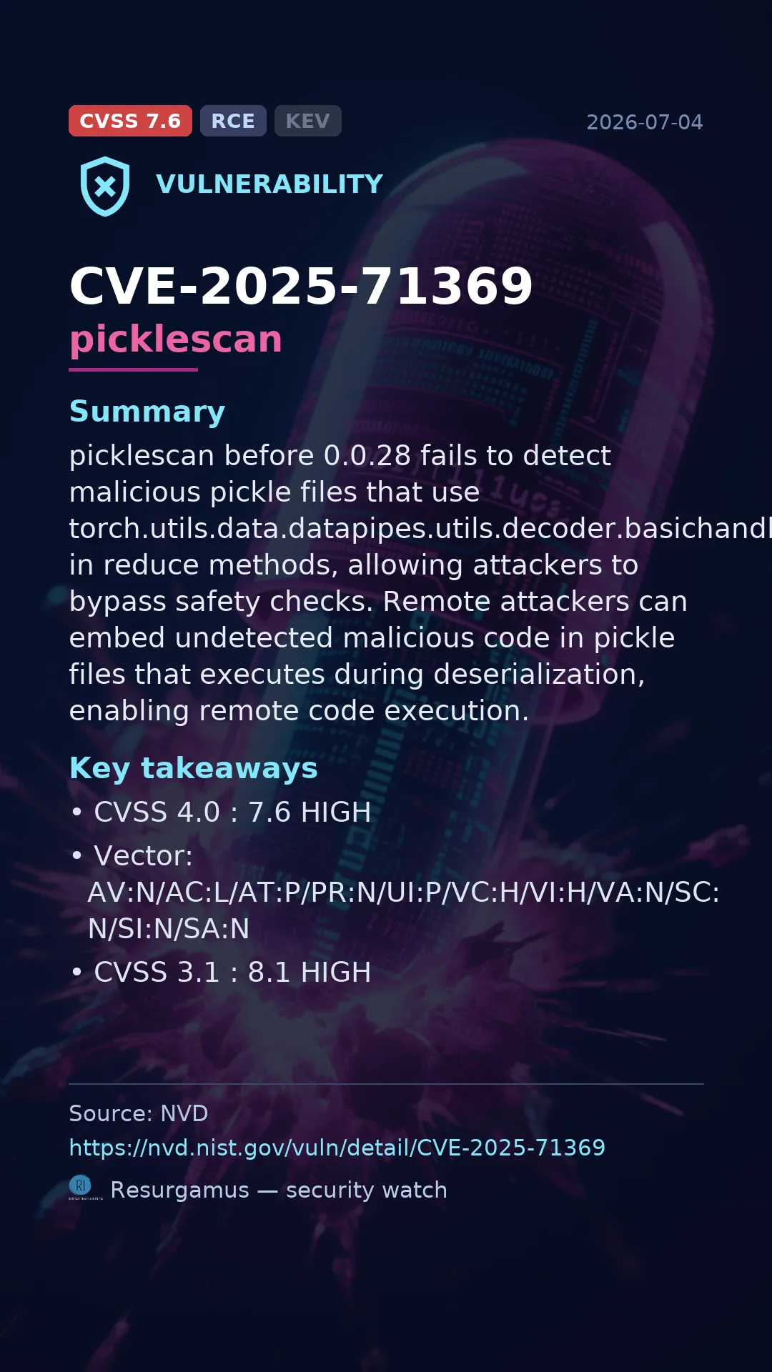 CVE-2025-71369 picklescan Vulnerability