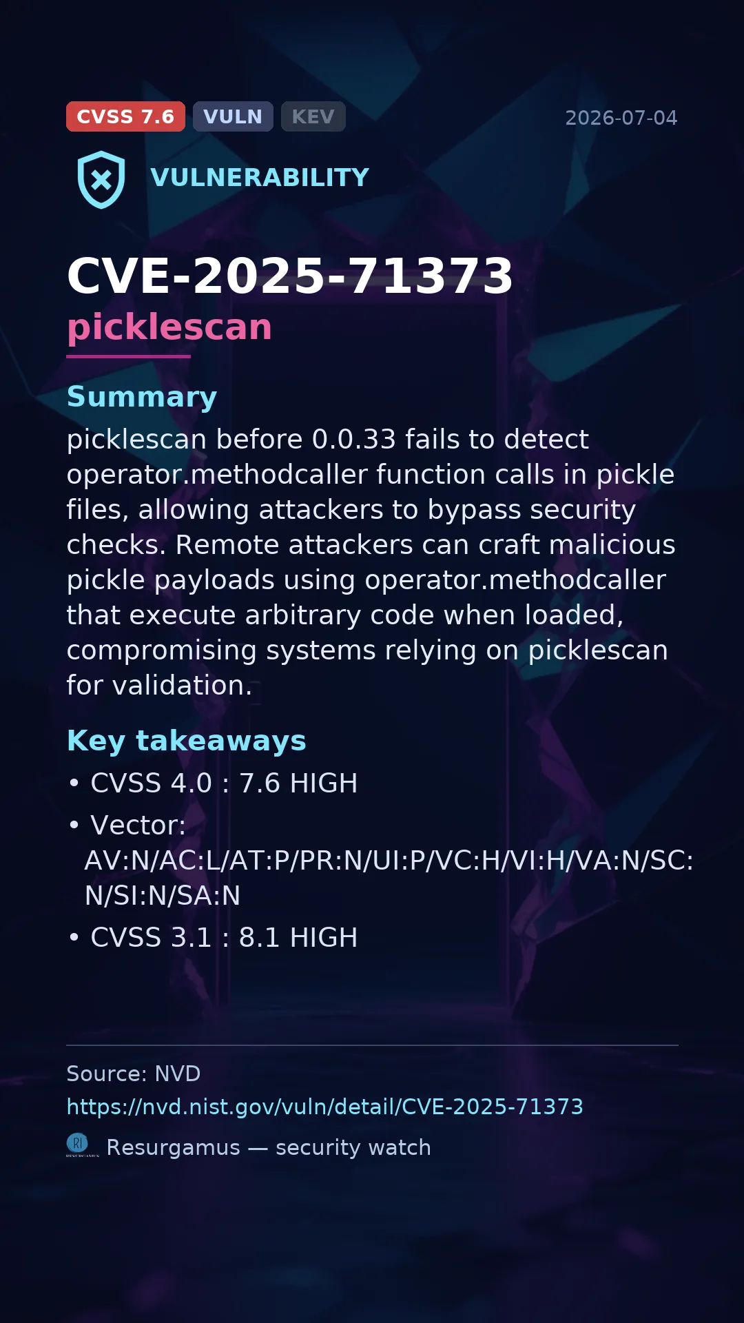 CVE-2025-71373 picklescan Vulnerability