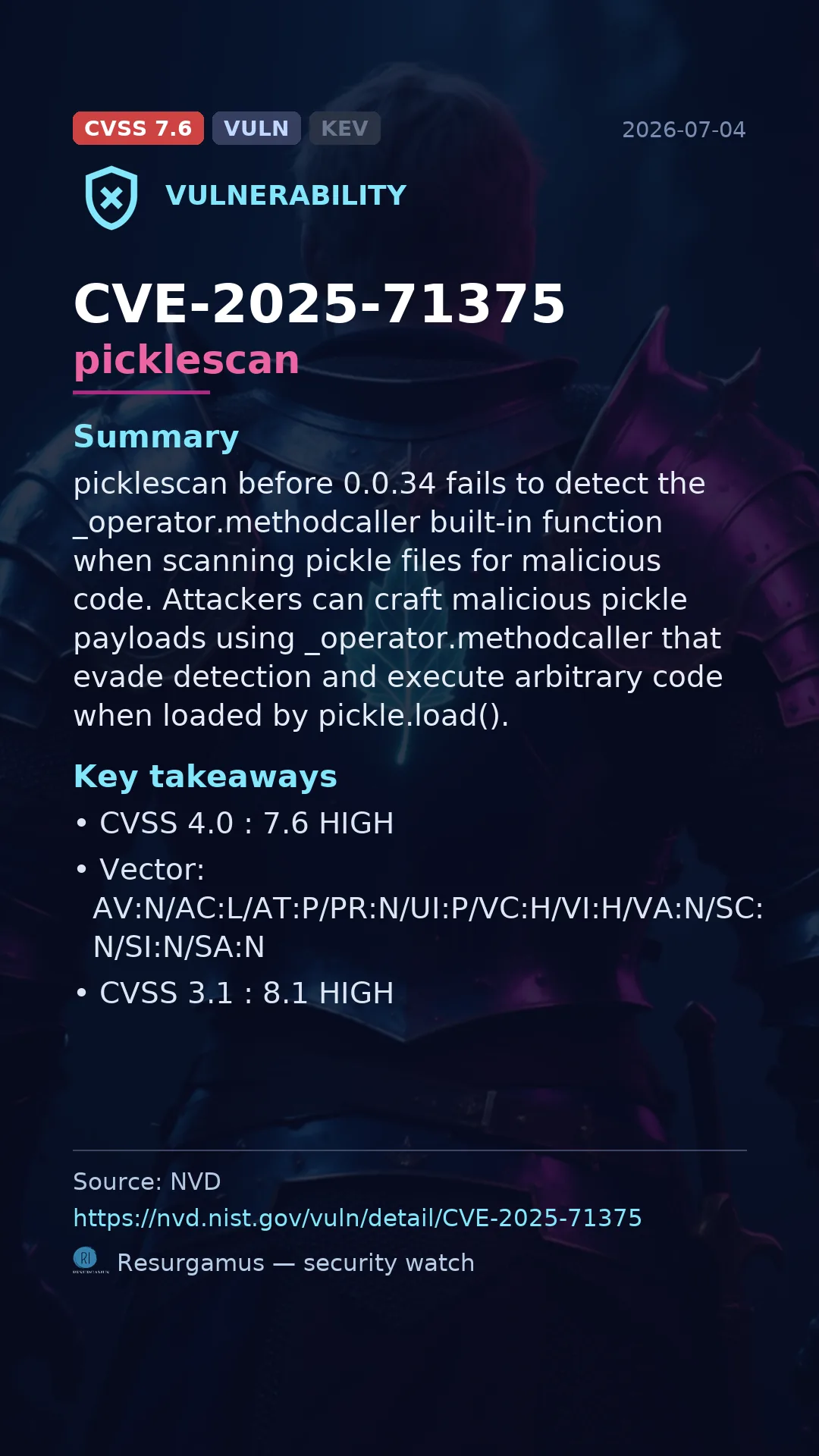 CVE-2025-71375 picklescan Vulnerability